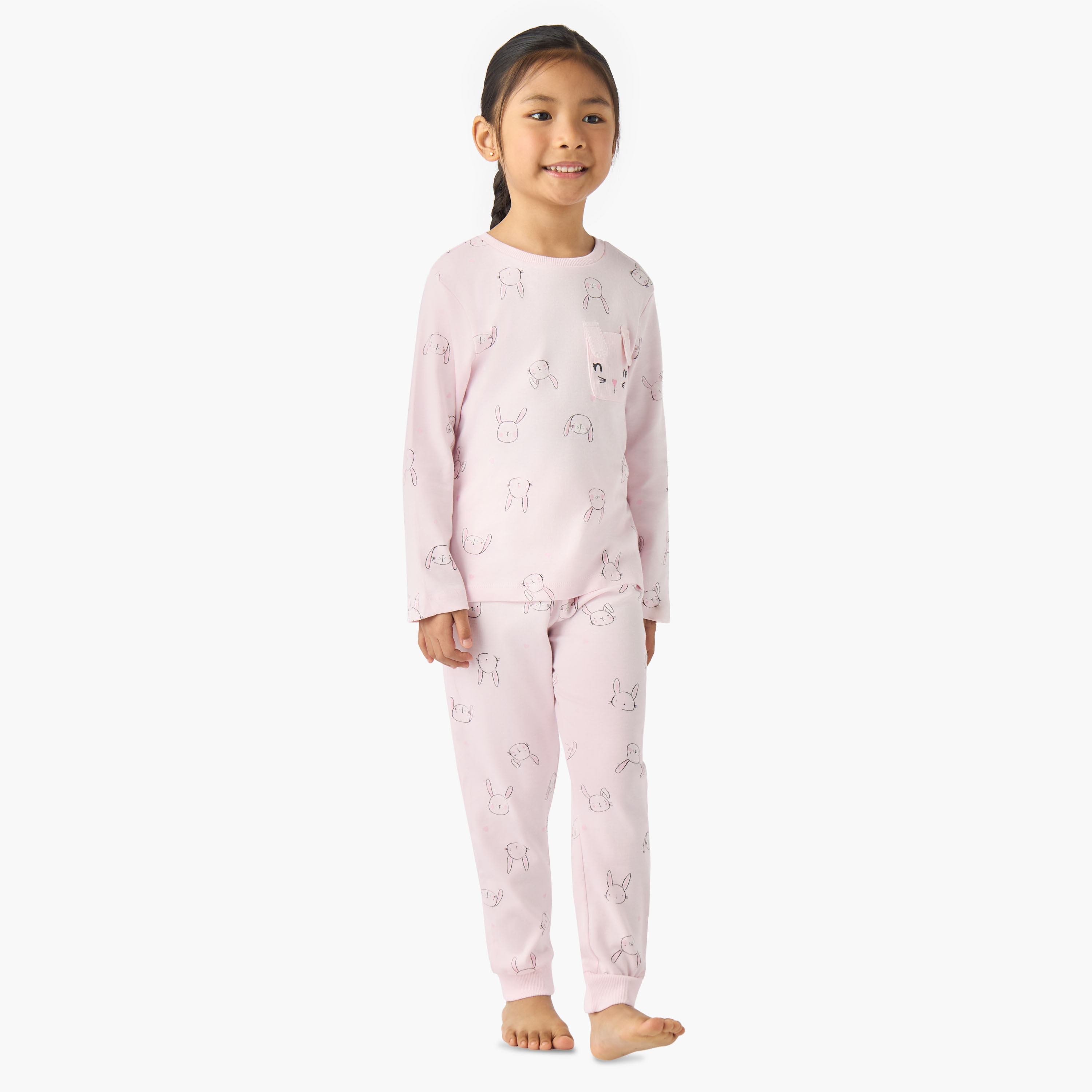Juniors Cotton Crew Neck Long Sleeve Pyjama Set with Bunny Print-baby-girls-clothing-winterwear-pyjamasets-image-1