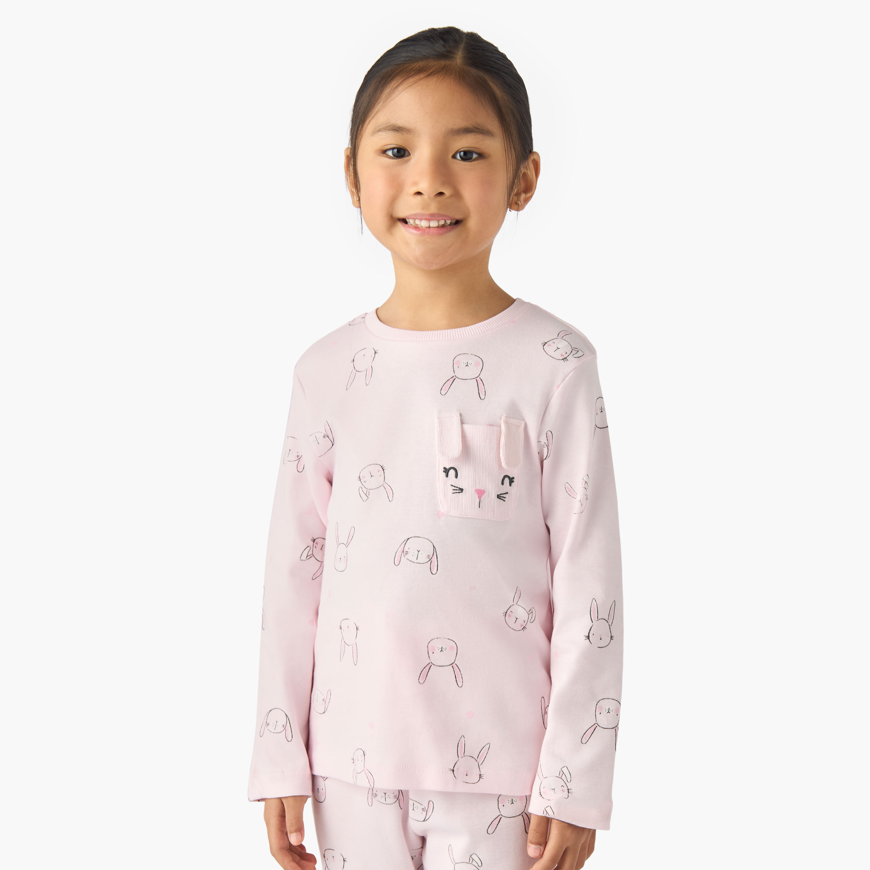 Juniors Cotton Crew Neck Long Sleeve Pyjama Set with Bunny Print-baby-girls-clothing-winterwear-pyjamasets-image-2