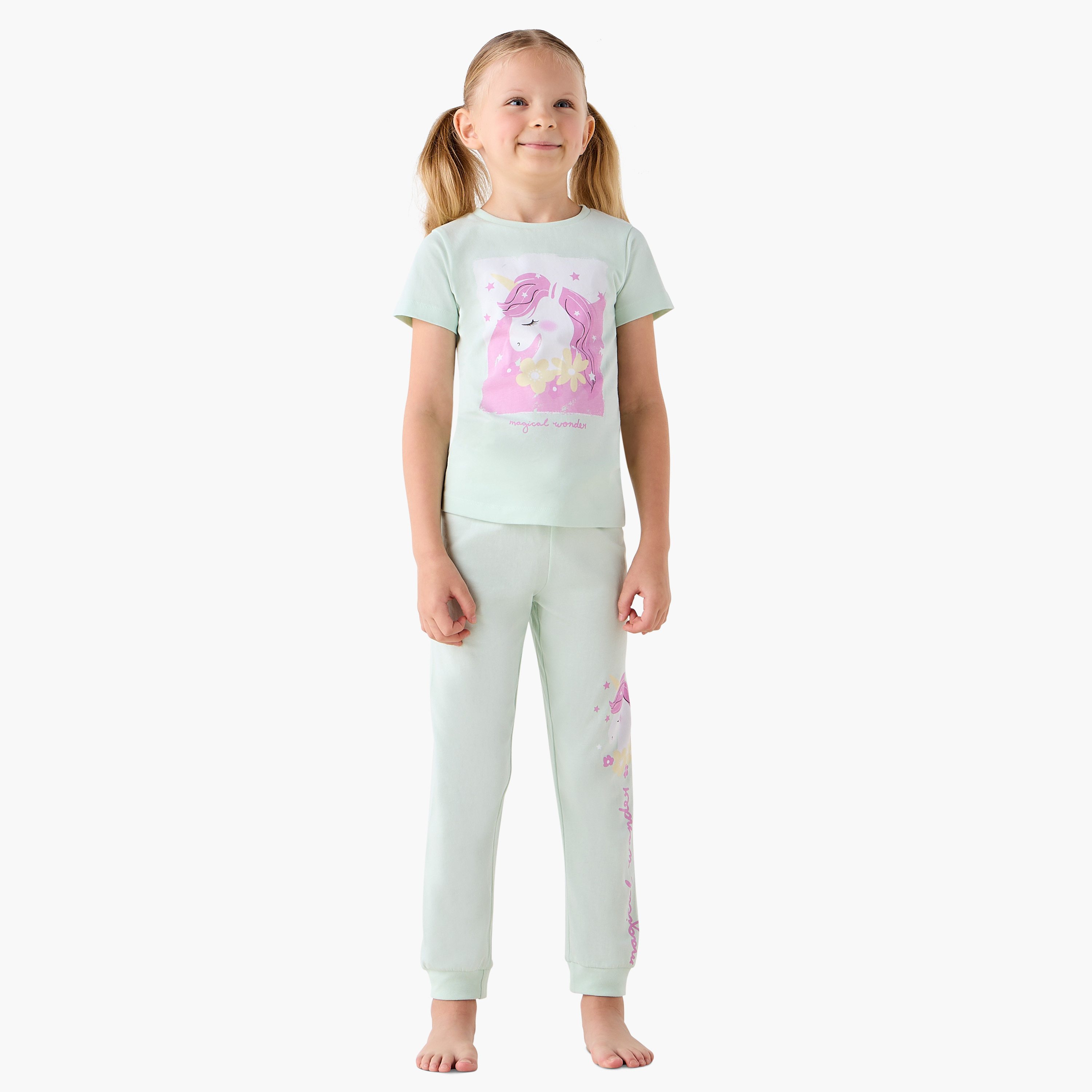 Juniors Girls Pyjama Set with Unicorn Print - Cotton - Short Sleeves - Crew Neck-girls-clothing-nightwear-image-1