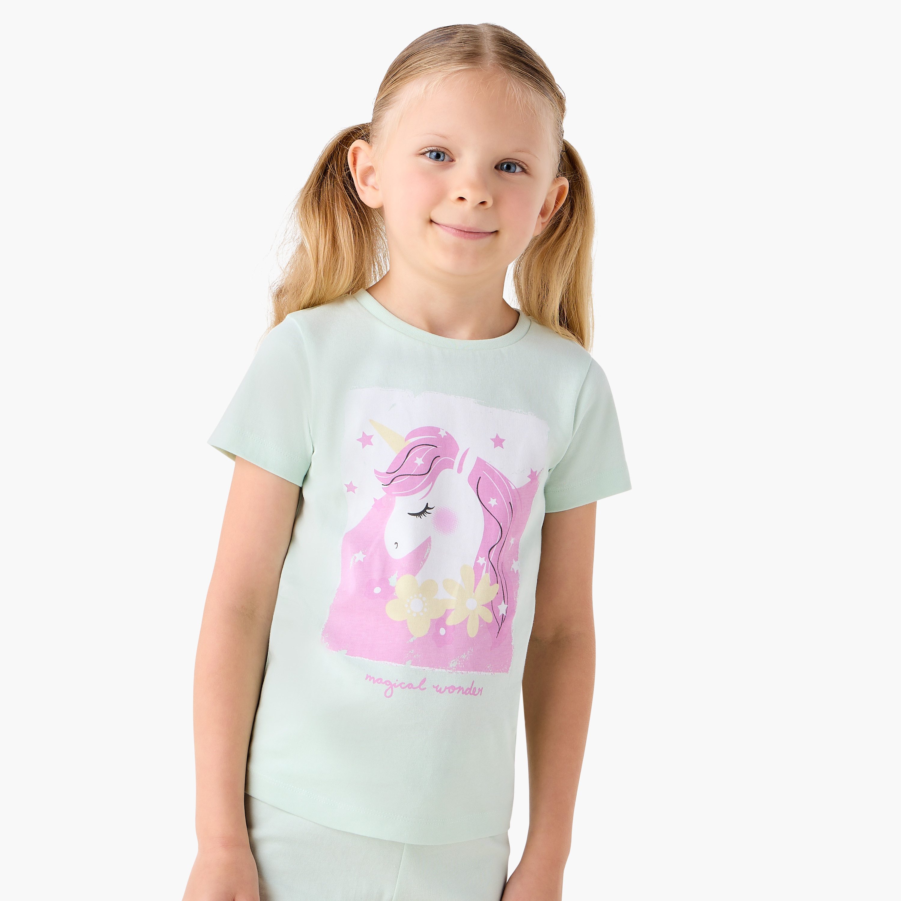 Juniors Girls Pyjama Set with Unicorn Print - Cotton - Short Sleeves - Crew Neck-girls-clothing-nightwear-image-2