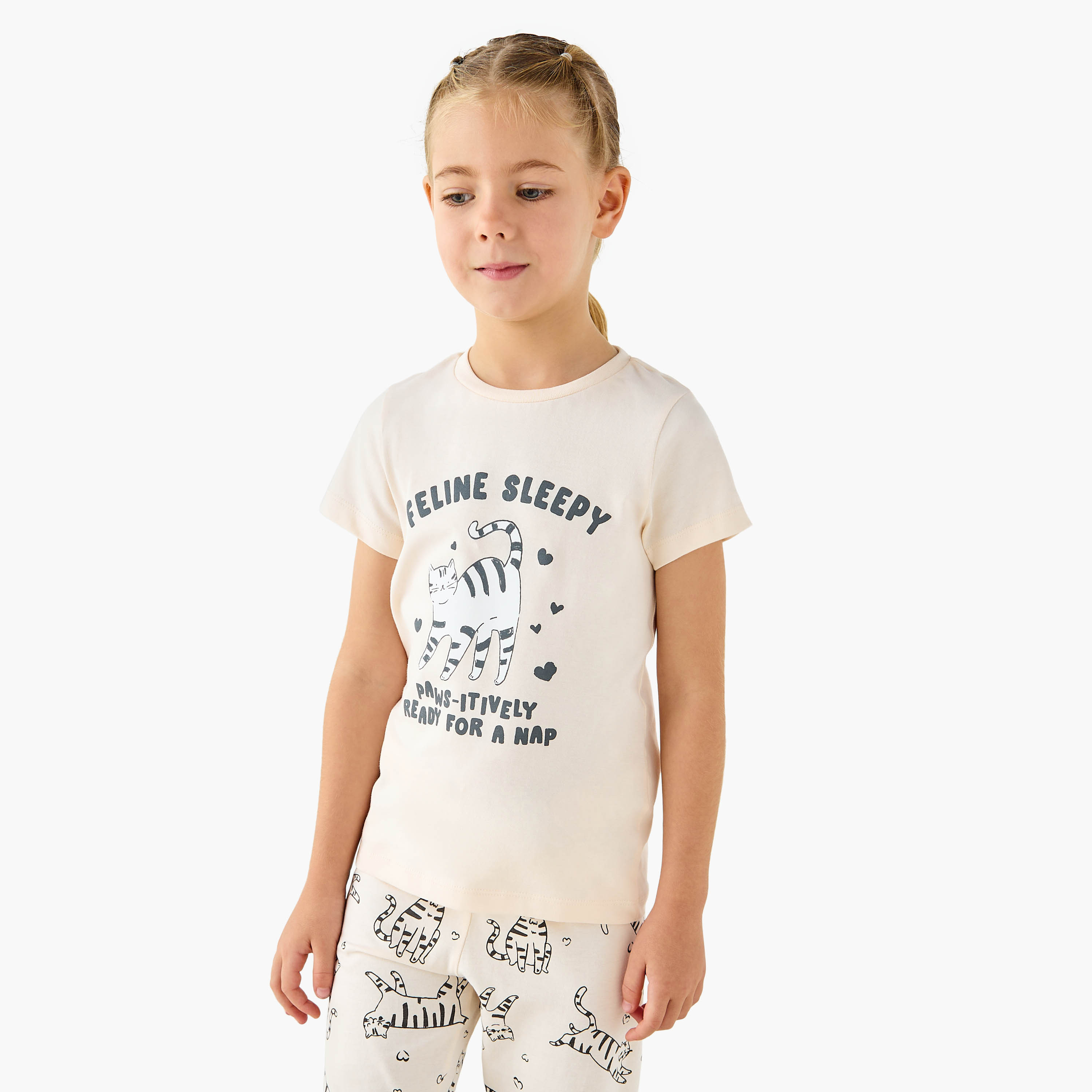 Juniors Cat Print T-shirt and Leggings Set-baby-girls-clothing-nightwear-pyjamasets-image-2