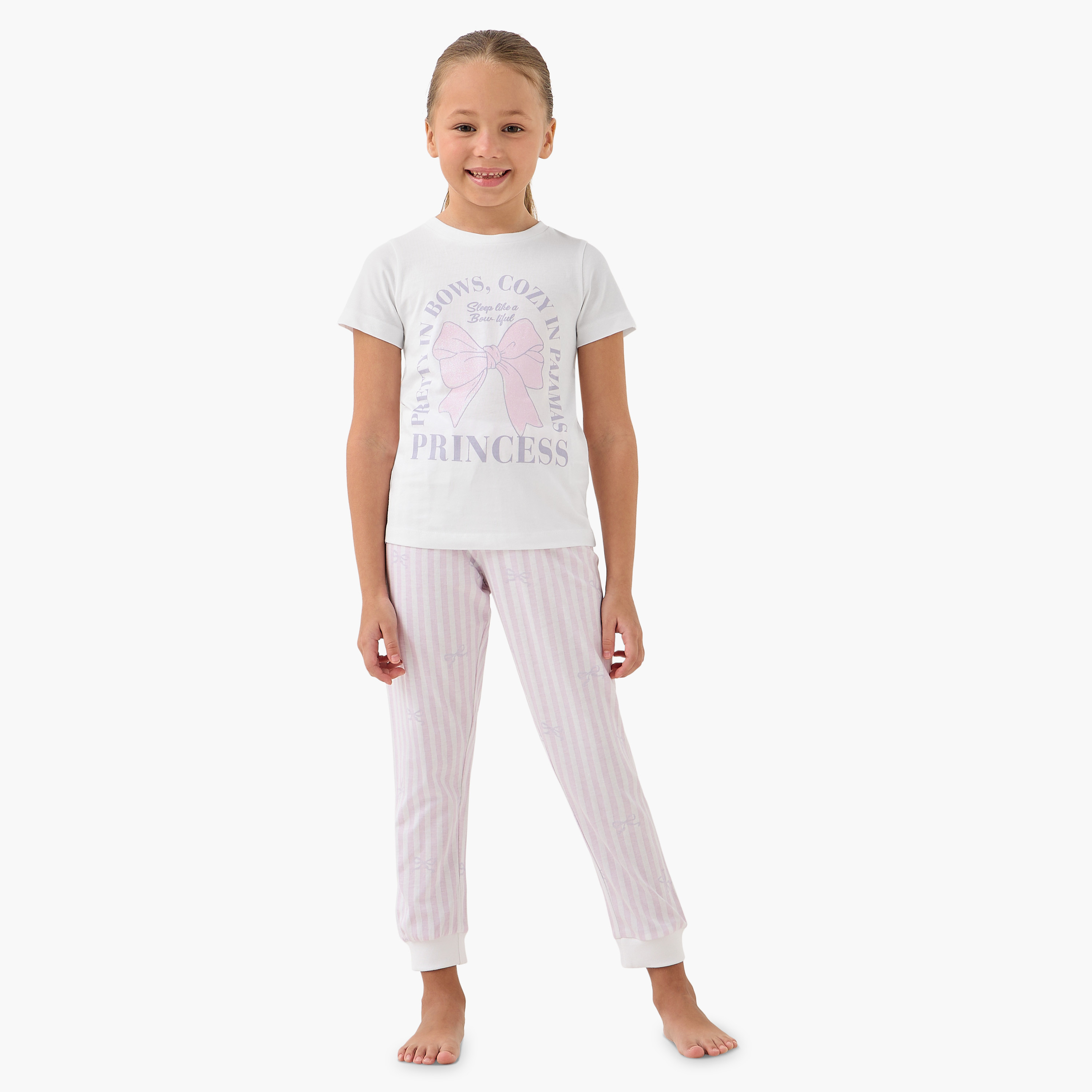 Juniors Printed T-shirt and Striped Pyjama Set-baby-girls-clothing-nightwear-pyjamasets-image-1