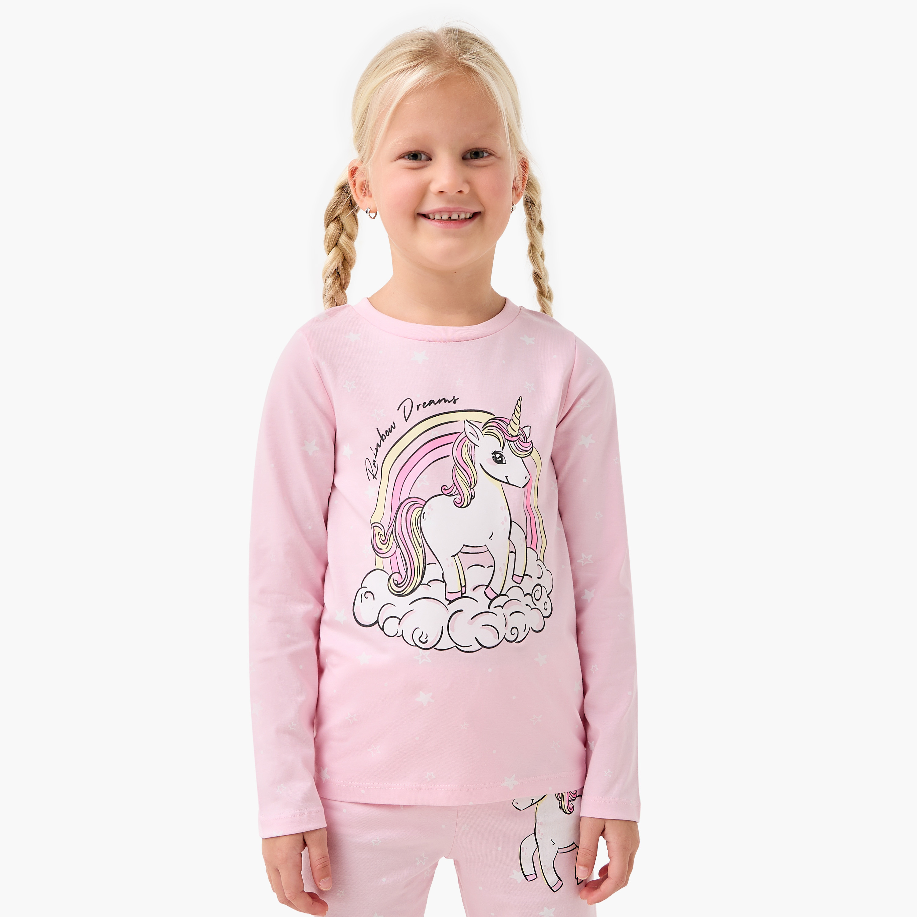 Juniors Girls T-shirt and Pyjama Set with Unicorn Print - Cotton - Long Sleeves - Crew Neck-baby-girls-clothing-winterwear-pyjamasets-image-2