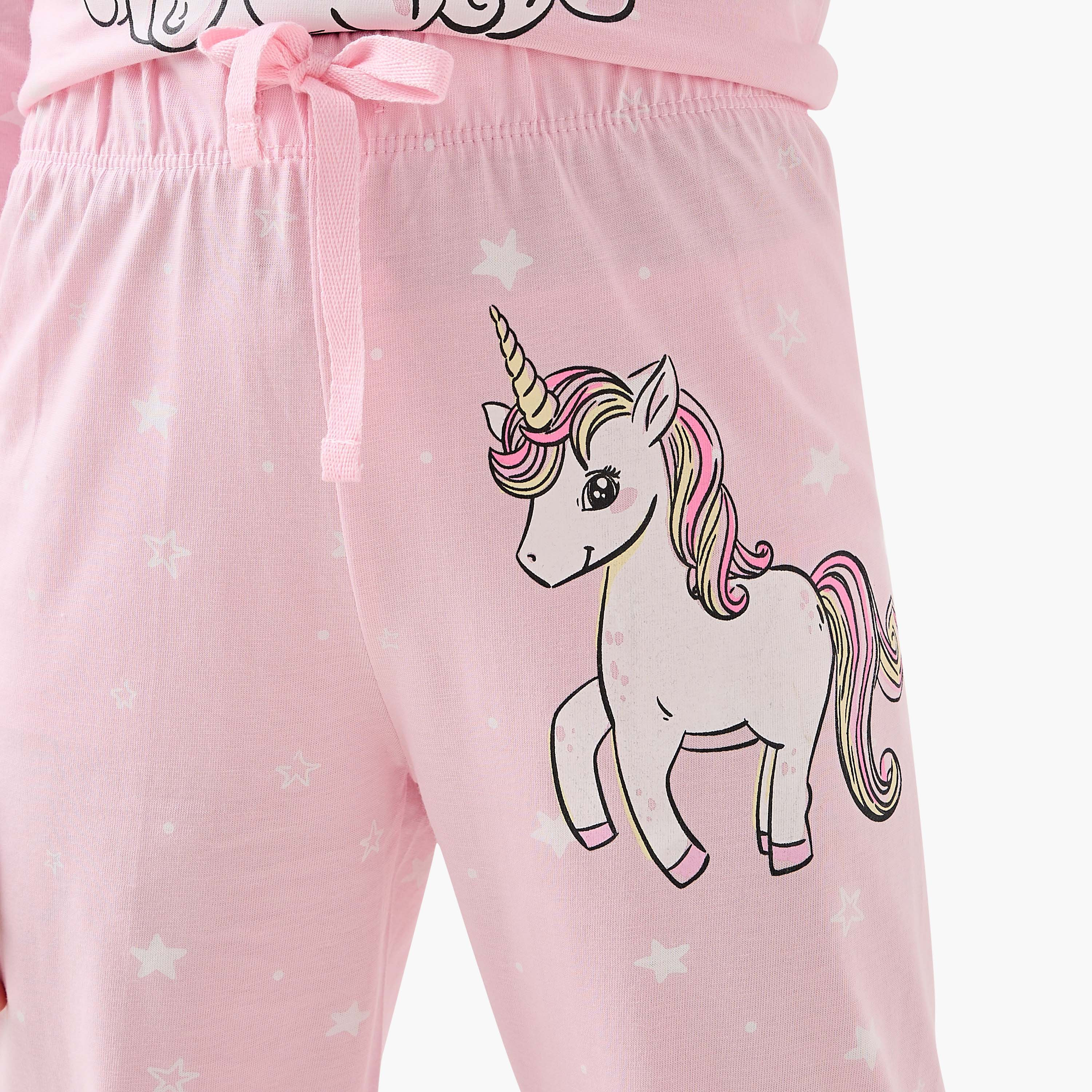 Juniors Girls T-shirt and Pyjama Set with Unicorn Print - Cotton - Long Sleeves - Crew Neck-baby-girls-clothing-winterwear-pyjamasets-image-6