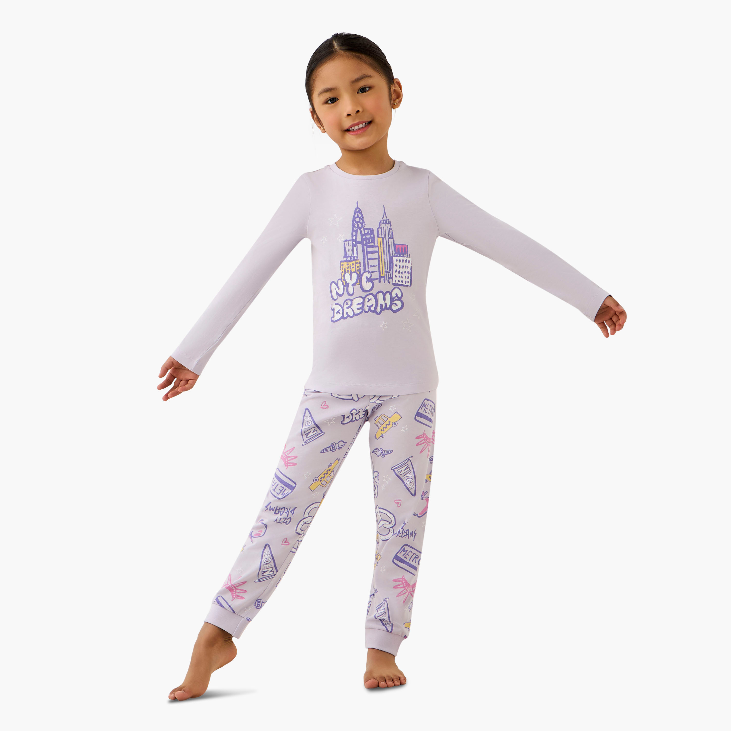 Juniors Cotton Crew Neck Long Sleeves Pyjama Set with NYC Print-baby-girls-clothing-winterwear-pyjamasets-image-1