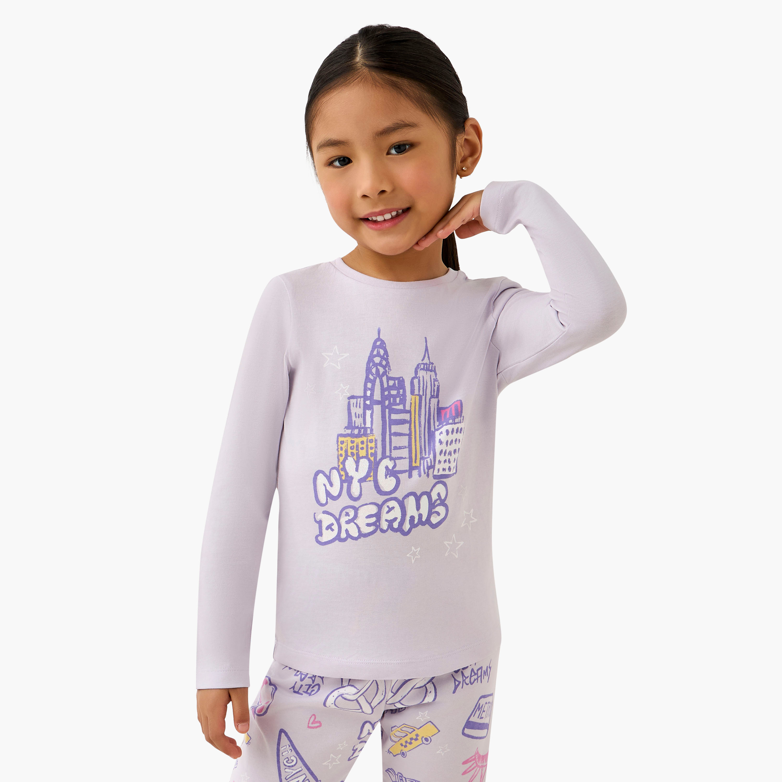 Juniors Cotton Crew Neck Long Sleeves Pyjama Set with NYC Print-baby-girls-clothing-winterwear-pyjamasets-image-2