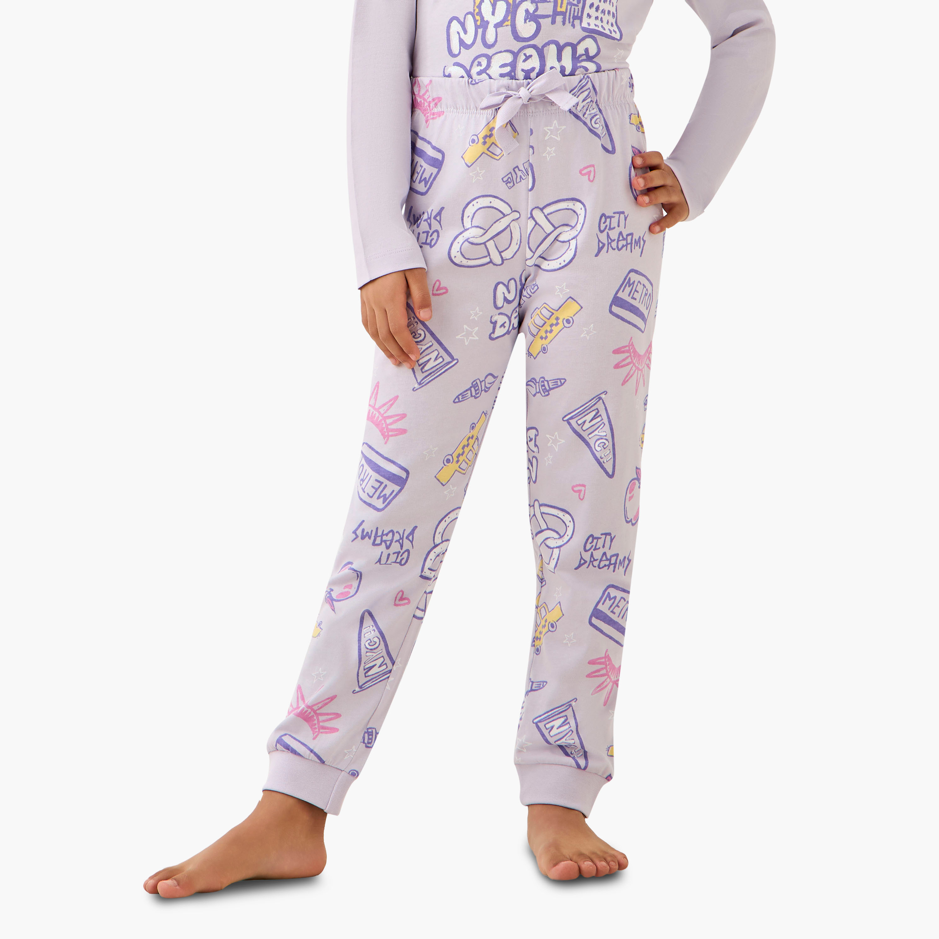 Juniors Cotton Crew Neck Long Sleeves Pyjama Set with NYC Print-baby-girls-clothing-winterwear-pyjamasets-image-3