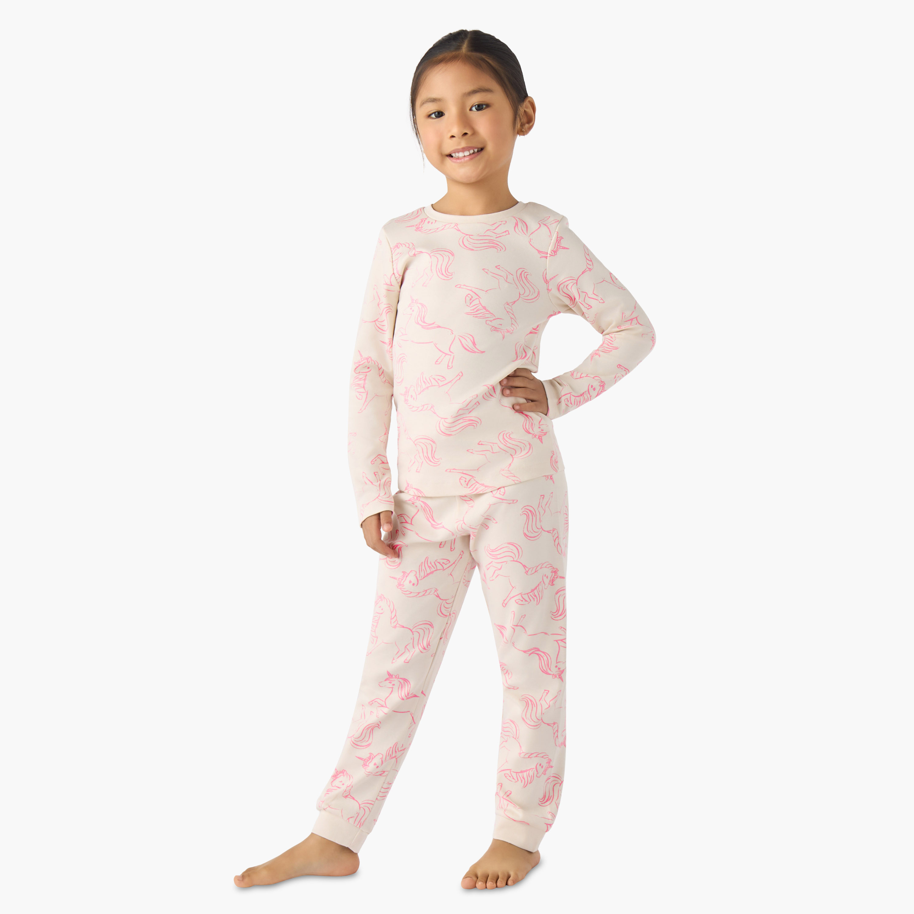 طقم بيجاما قطن بياقة ضيقة وأكمام طويلة بطبعات يونيكورن من جونيورز-baby-girls-clothing-winterwear-pyjamasets-image-1