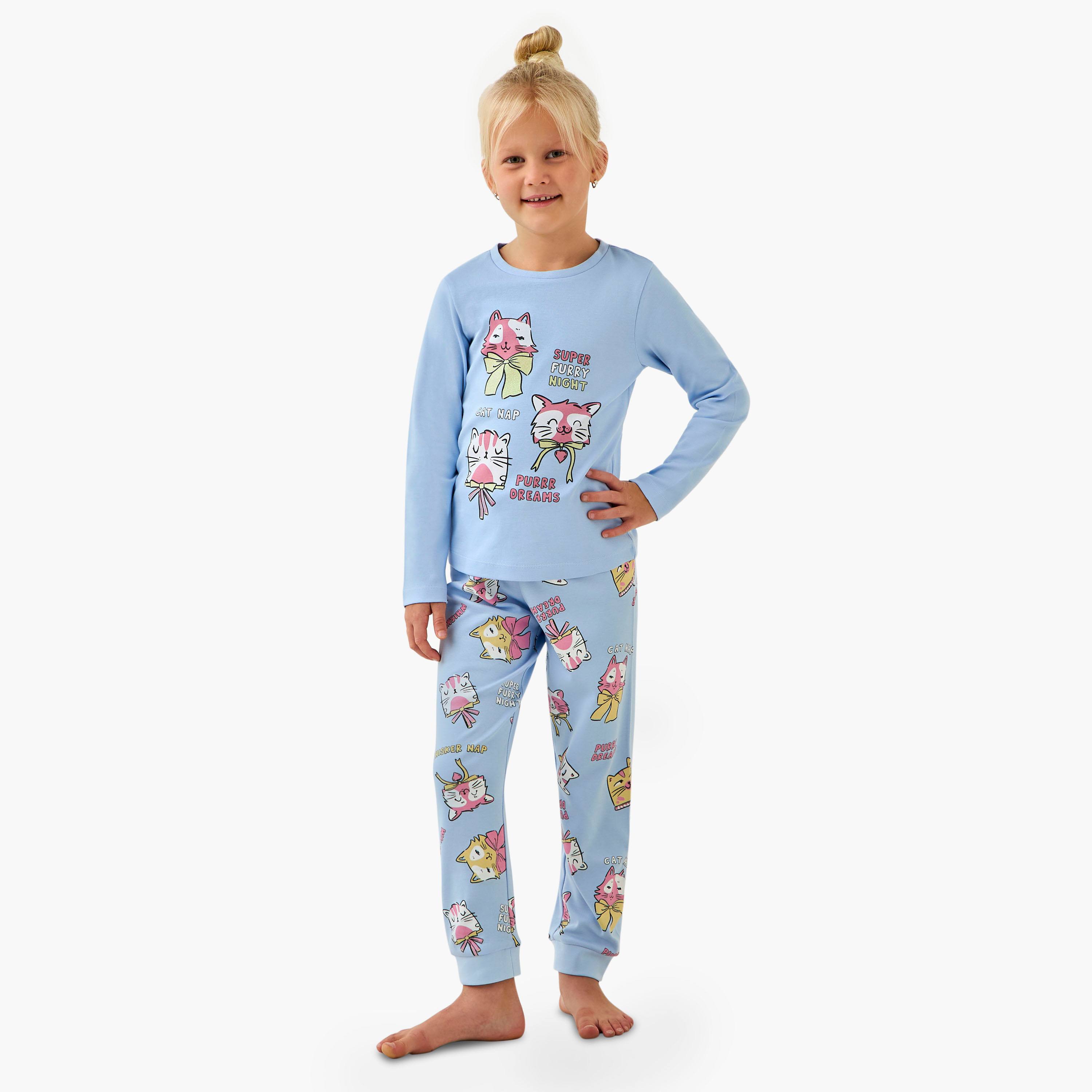 Juniors Cotton Crew Neck Long Sleeves Pyjama Set with Cat Print-baby-girls-clothing-winterwear-pyjamasets-image-1