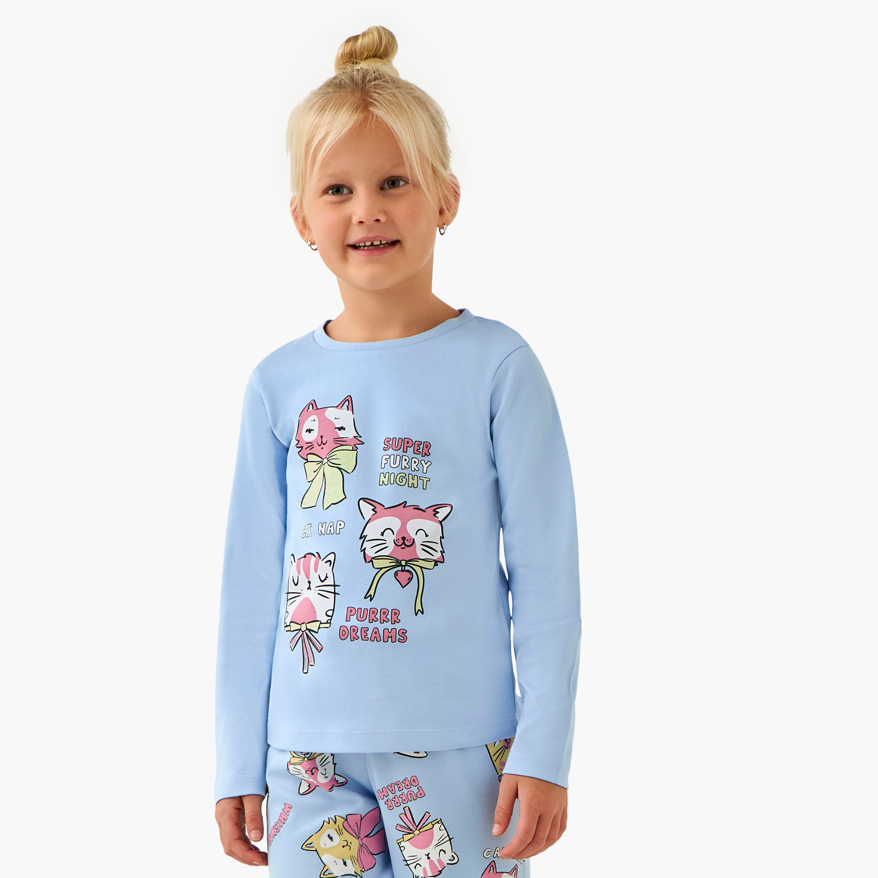 Juniors Cotton Crew Neck Long Sleeves Pyjama Set with Cat Print-baby-girls-clothing-winterwear-pyjamasets-image-2