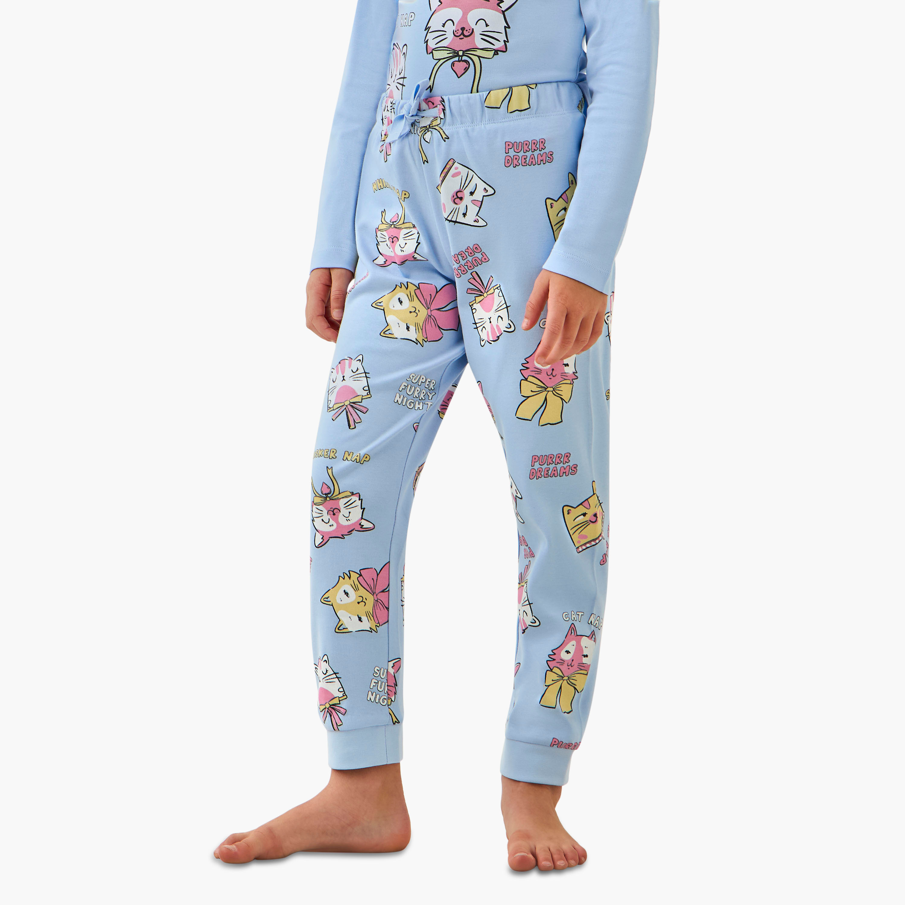 Juniors Cotton Crew Neck Long Sleeves Pyjama Set with Cat Print-baby-girls-clothing-winterwear-pyjamasets-image-3