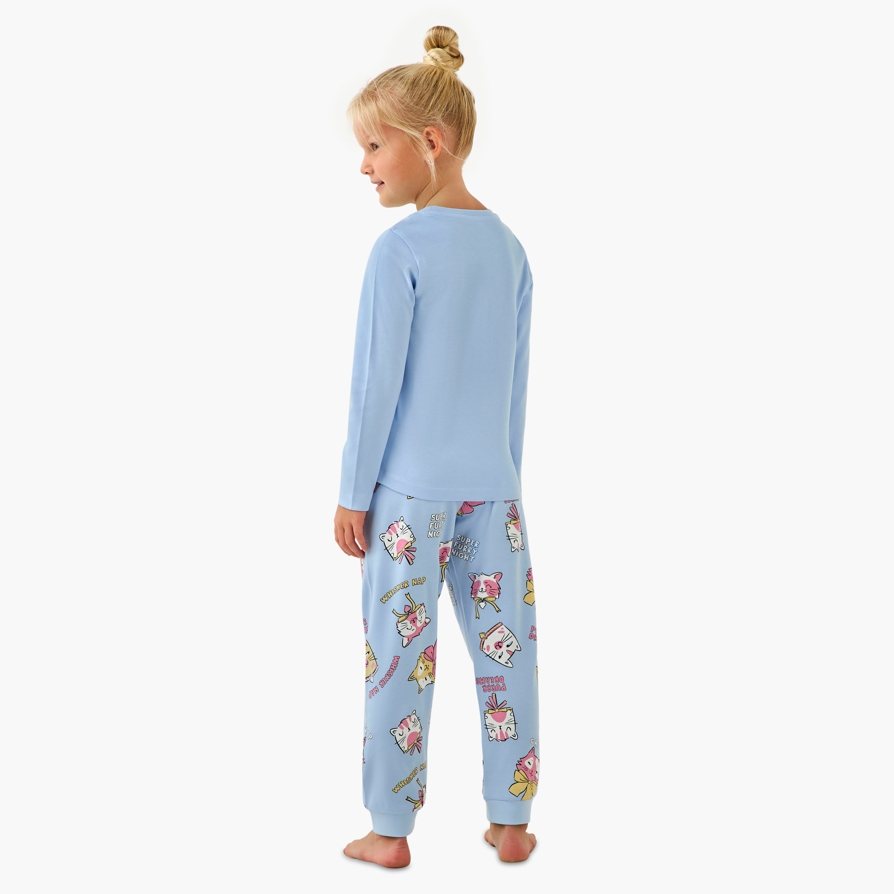 Juniors Cotton Crew Neck Long Sleeves Pyjama Set with Cat Print-baby-girls-clothing-winterwear-pyjamasets-image-4