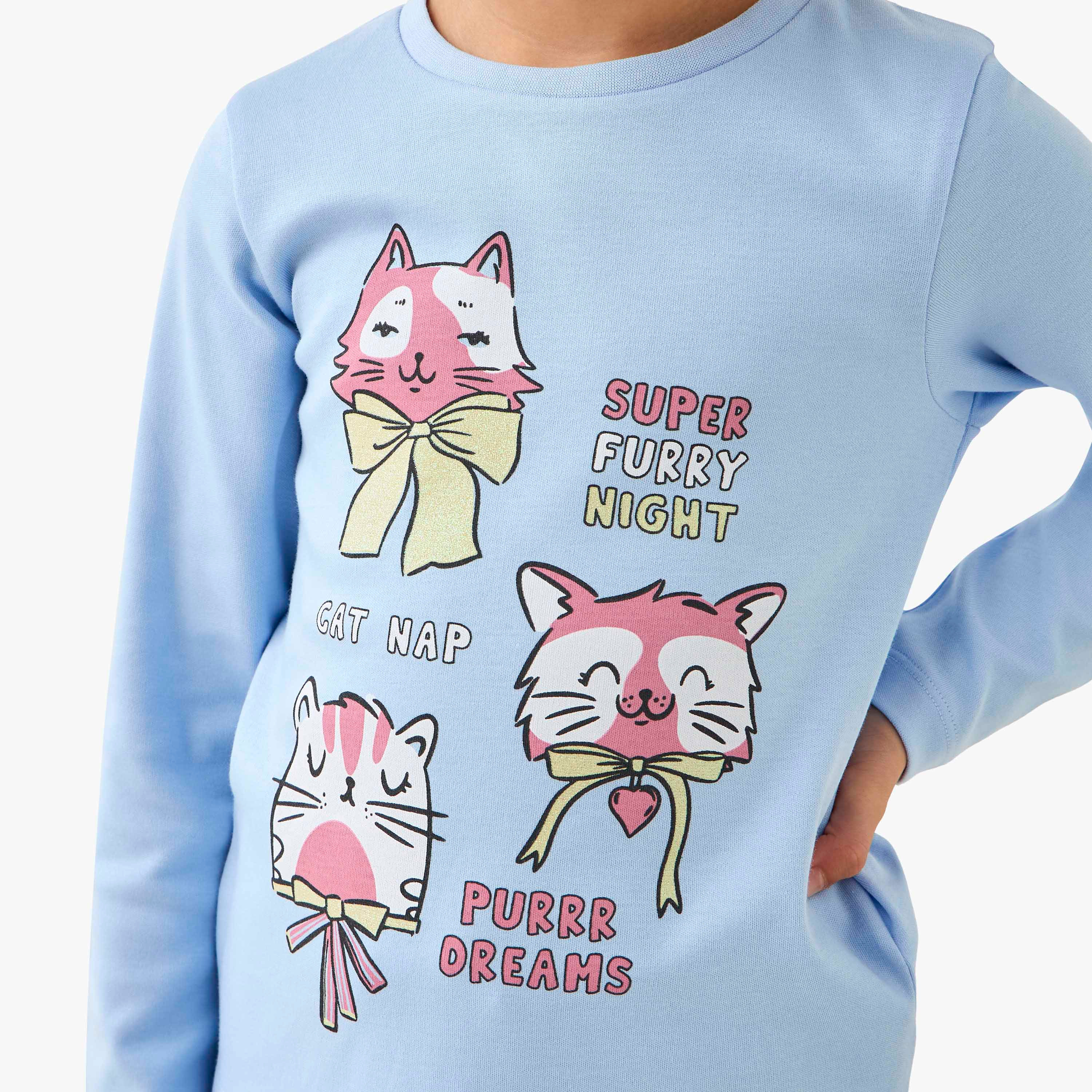 Juniors Cotton Crew Neck Long Sleeves Pyjama Set with Cat Print-baby-girls-clothing-winterwear-pyjamasets-image-5