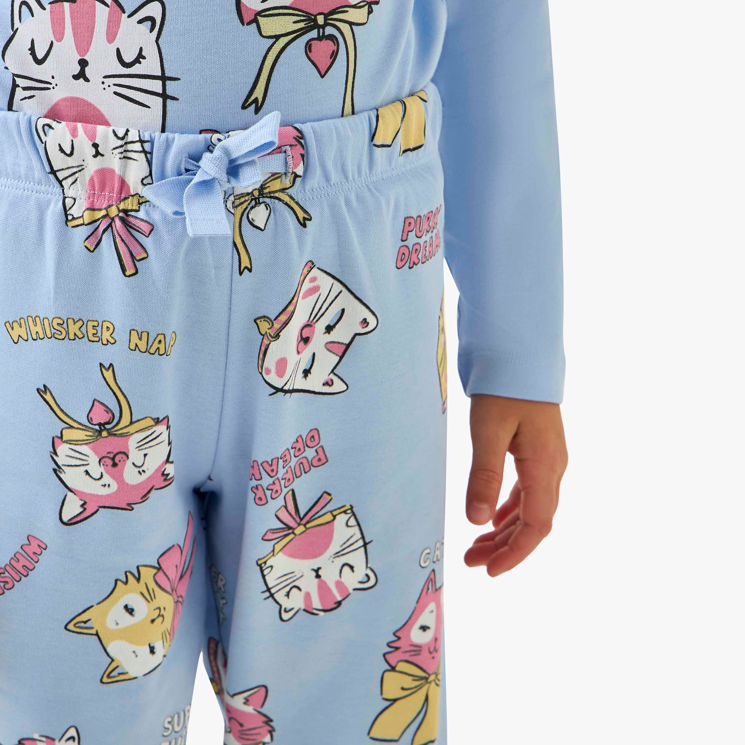 Juniors Cotton Crew Neck Long Sleeves Pyjama Set with Cat Print-baby-girls-clothing-winterwear-pyjamasets-image-6