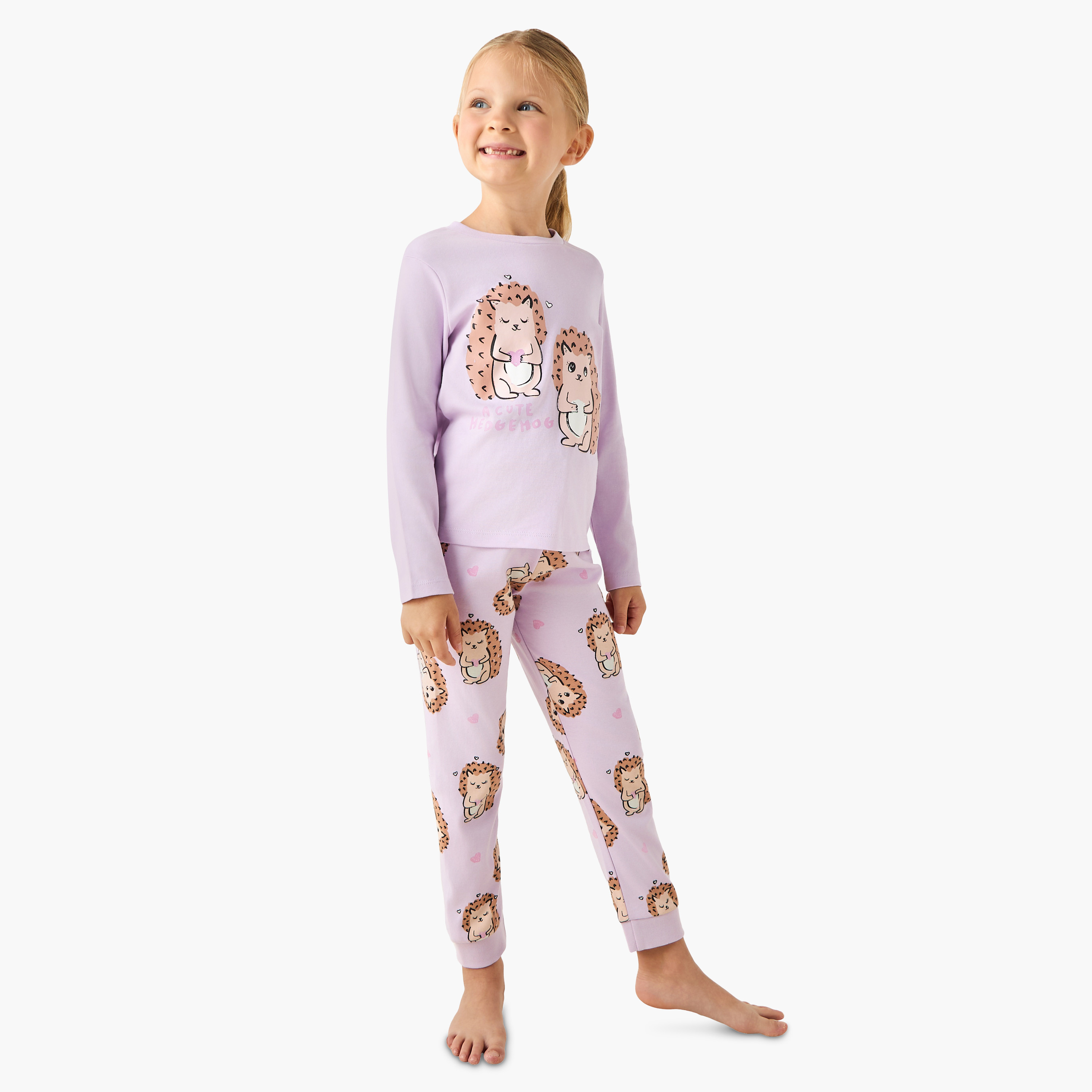 Juniors Girls T-shirt and Pyjama Set with Hedgehog Print - Cotton - Long Sleeves - Crew Neck-baby-girls-clothing-winterwear-pyjamasets-image-1