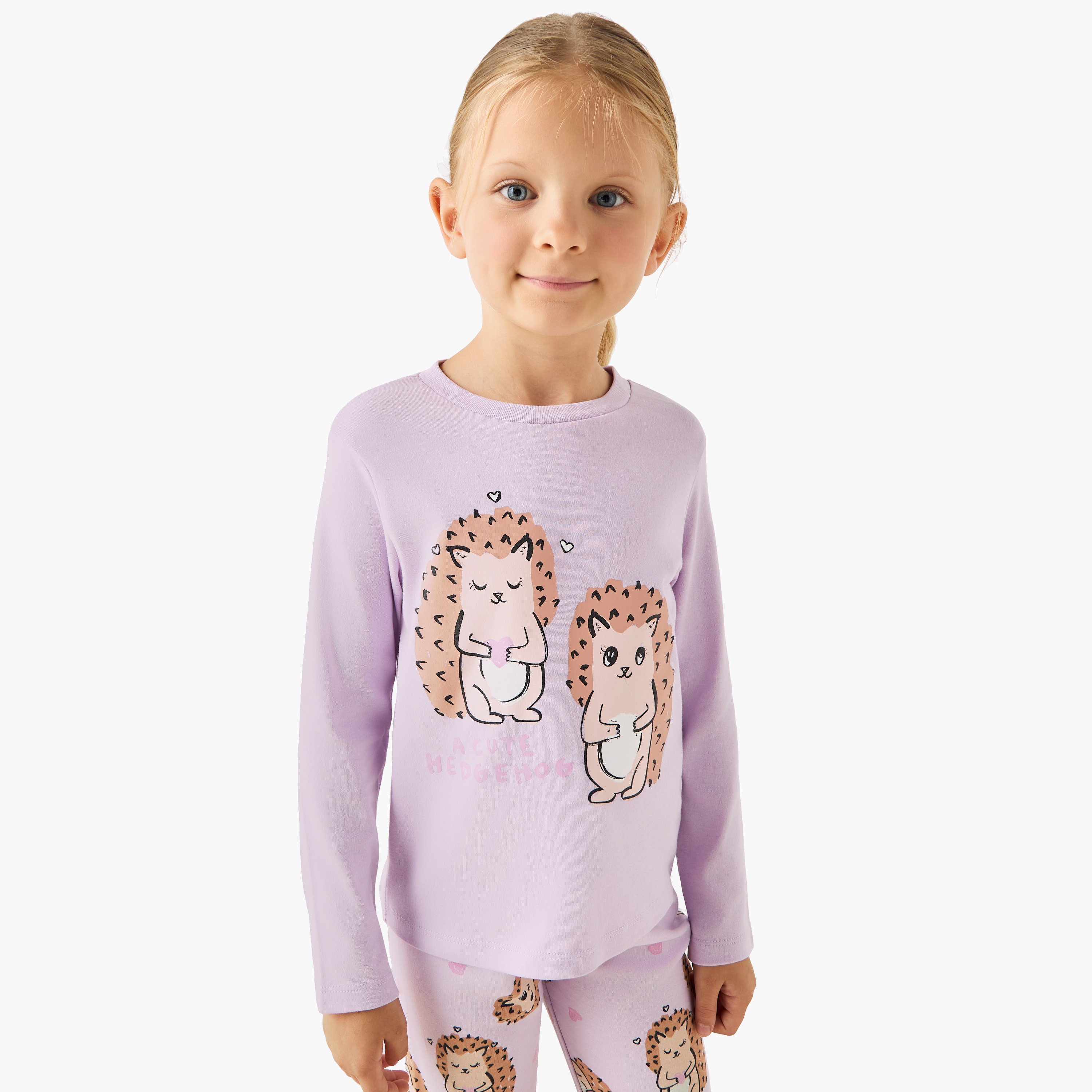 Juniors Girls T-shirt and Pyjama Set with Hedgehog Print - Cotton - Long Sleeves - Crew Neck-baby-girls-clothing-winterwear-pyjamasets-image-2