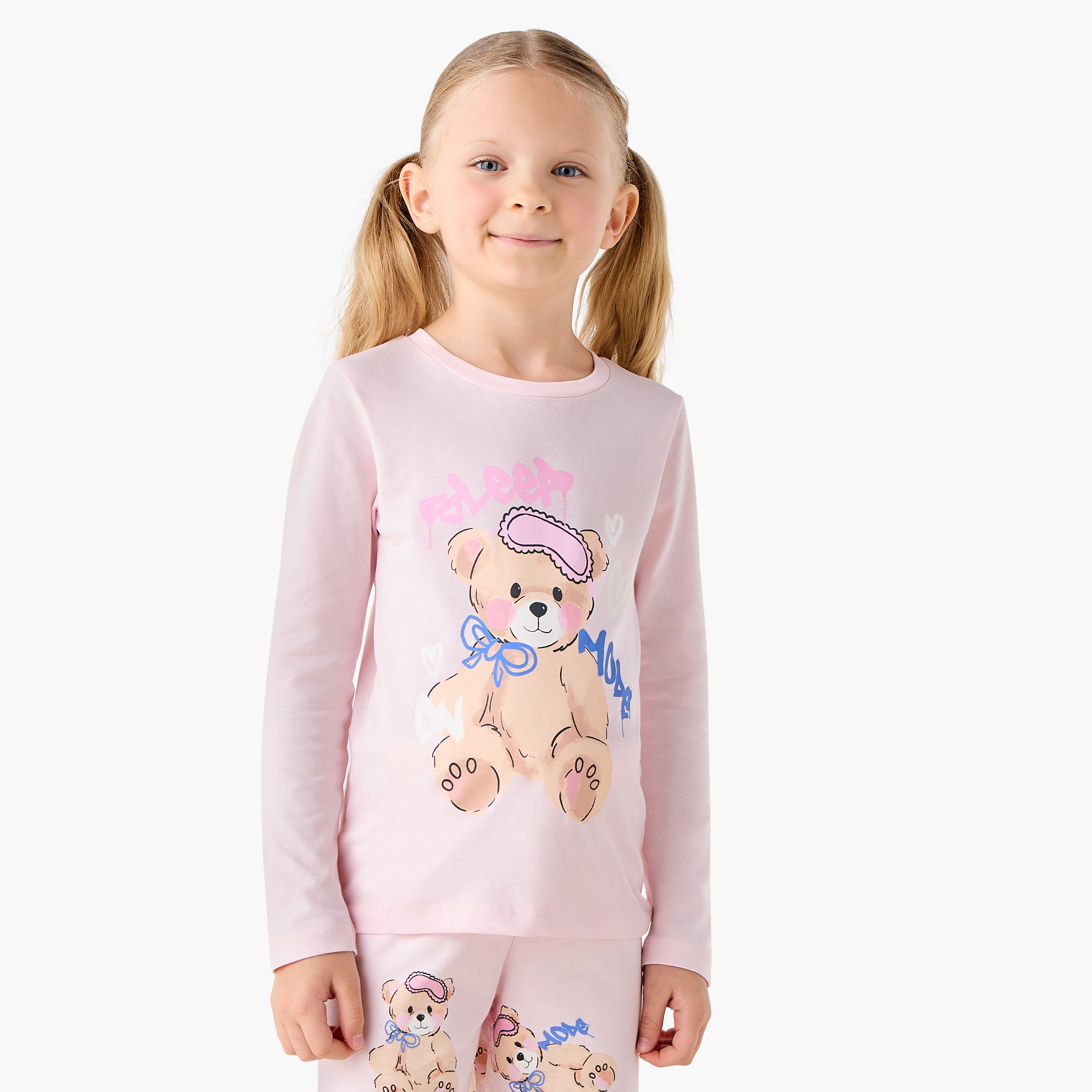 طقم بيجاما بطبعات جرافيك - قطن - بأكمام طويلة - وياقة ضيقة للبنات من جونيورز-baby-girls-clothing-winterwear-pyjamasets-image-2