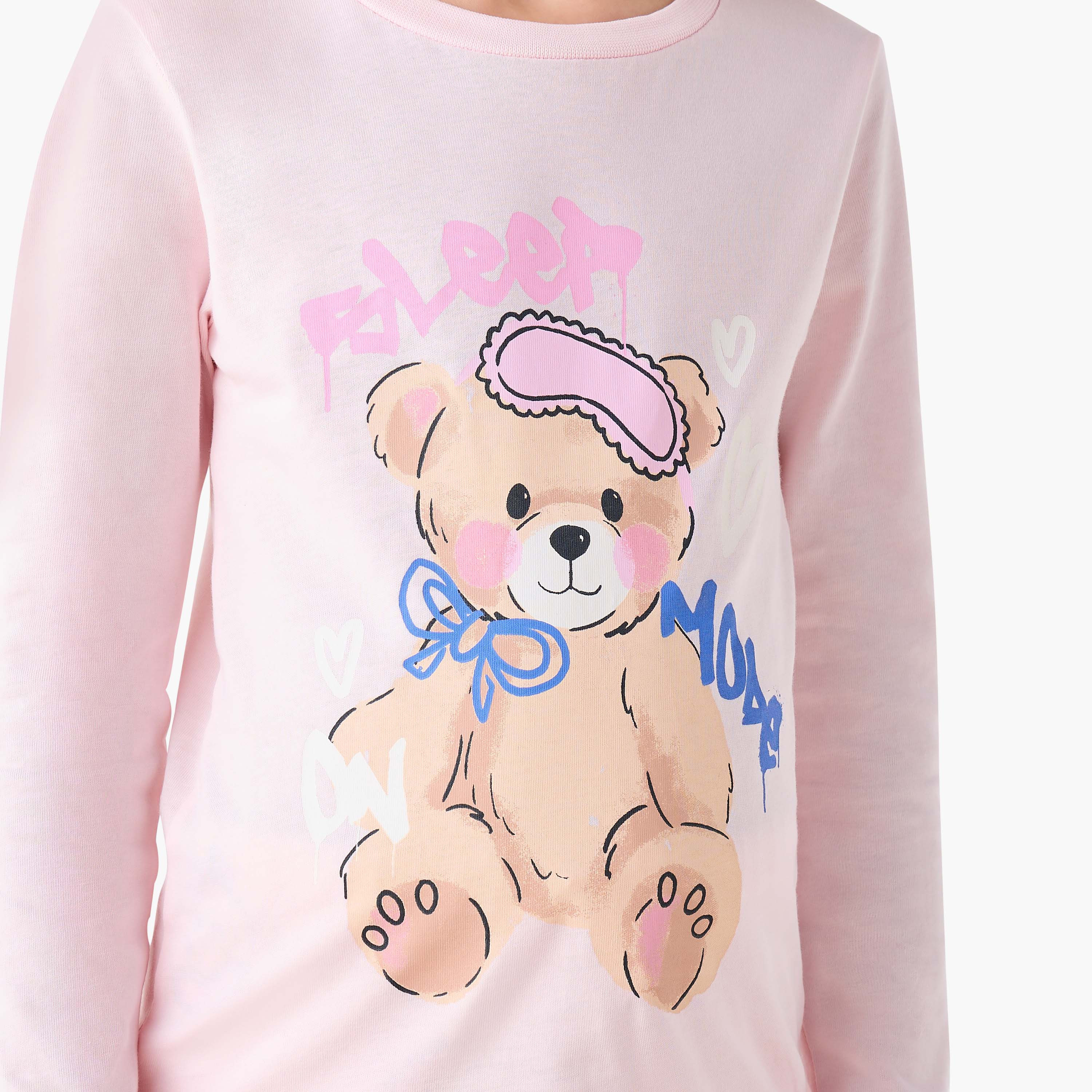 طقم بيجاما بطبعات جرافيك - قطن - بأكمام طويلة - وياقة ضيقة للبنات من جونيورز-baby-girls-clothing-winterwear-pyjamasets-image-5