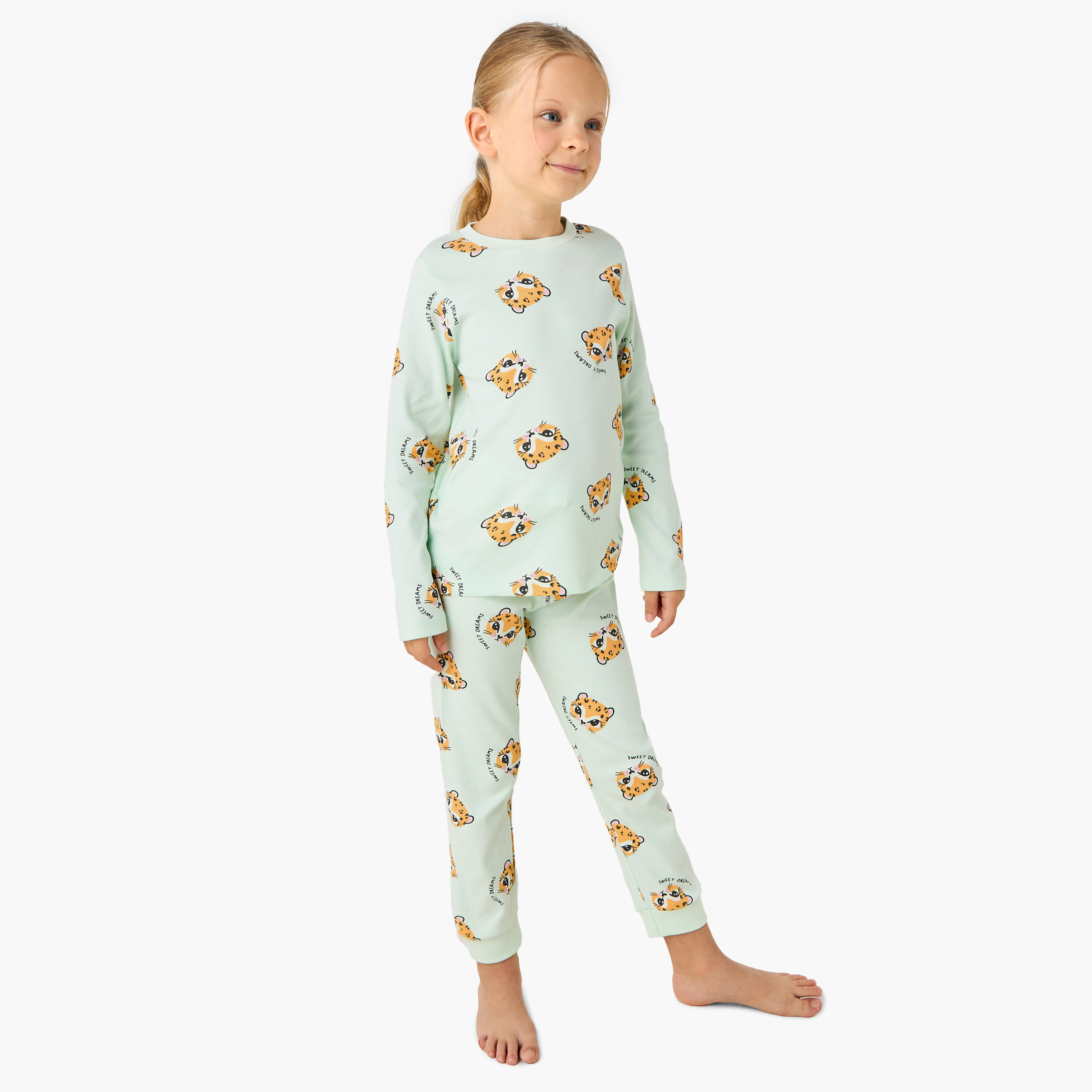 طقم بيجاما بناتي قطن بطبعات حيوانات وياقة ضيقة وأكمام طويلة من جونيورز-baby-girls-clothing-winterwear-pyjamasets-image-1