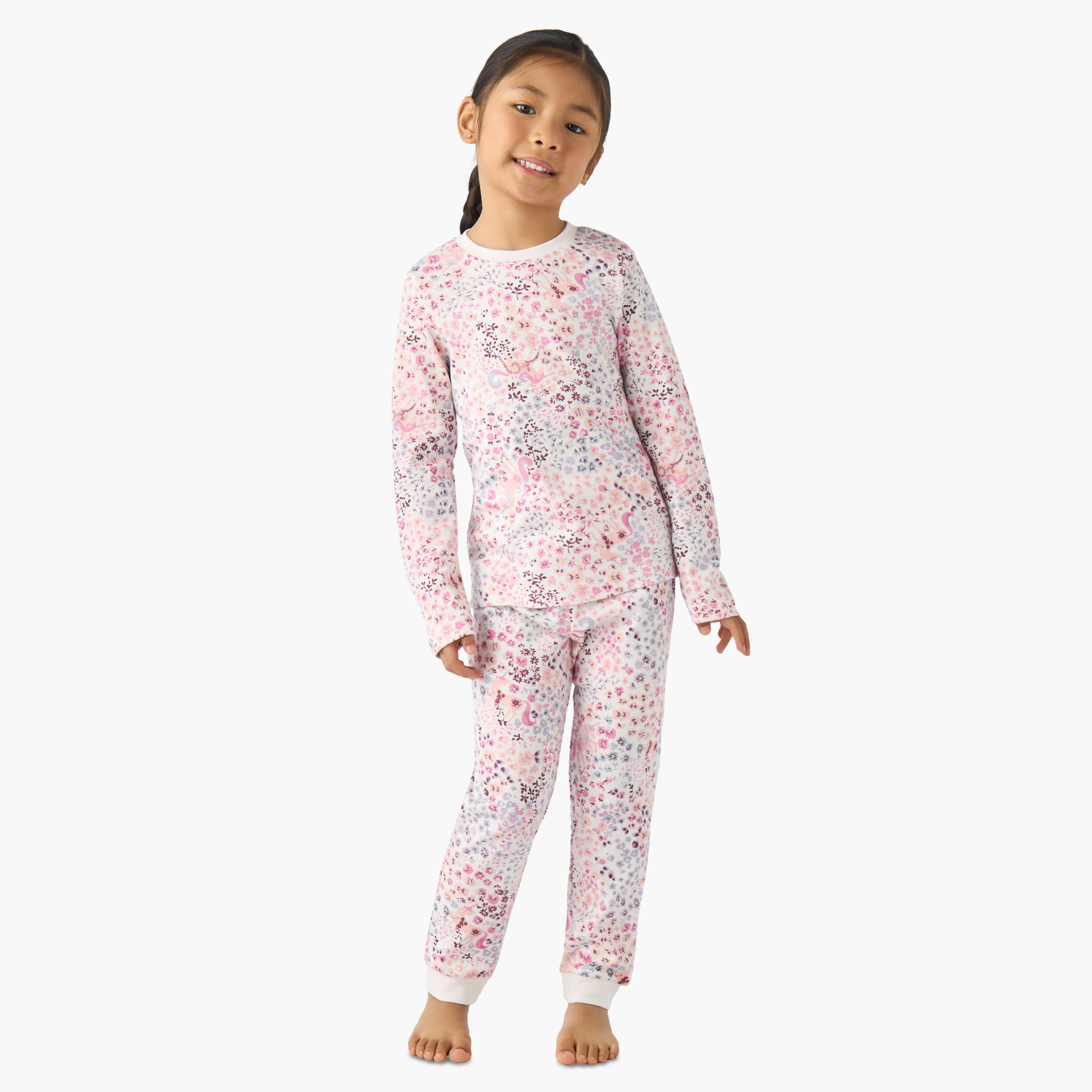 طقم بيجاما قطن بياقة ضيقة وأكمام طويلة وطبعات زهرية من جونيورز-baby-girls-clothing-winterwear-pyjamasets-image-1