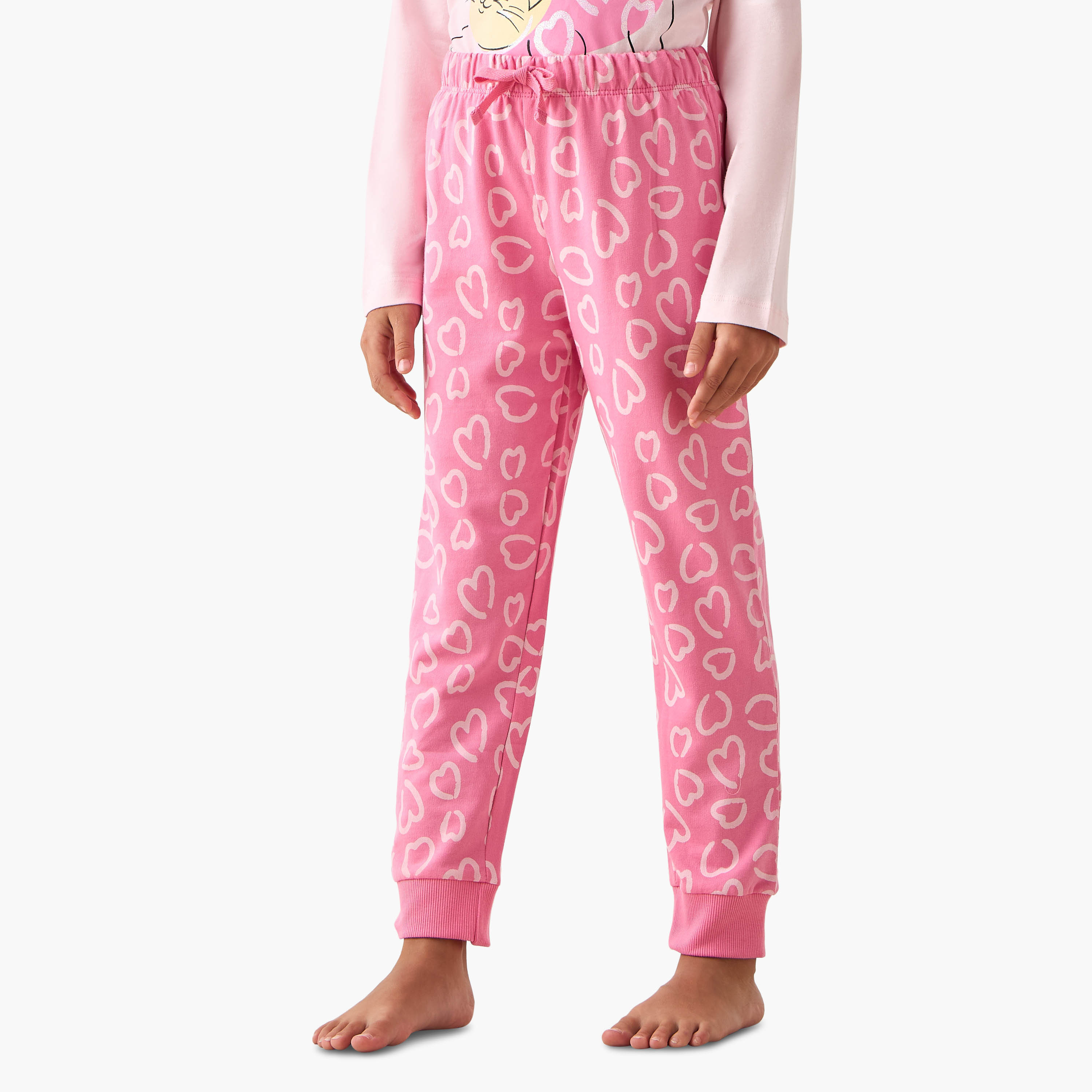 Juniors Cotton Crew Neck Long Sleeves Pyjama Set with Heart Cat Print-baby-girls-clothing-winterwear-pyjamasets-image-3