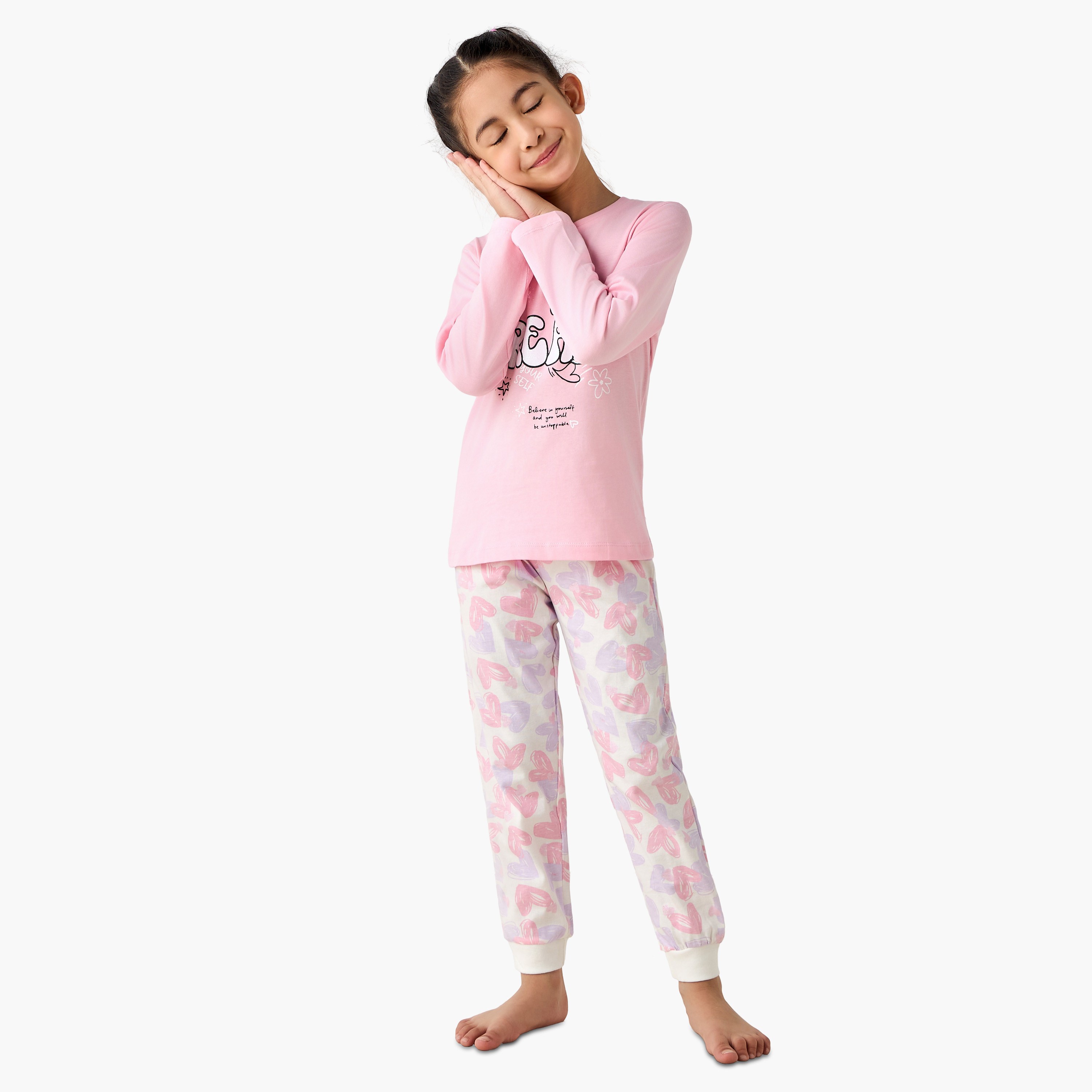 Juniors Cotton Crew Neck Long Sleeves Pyjama Set with Heart Print-baby-girls-clothing-winterwear-pyjamasets-image-1