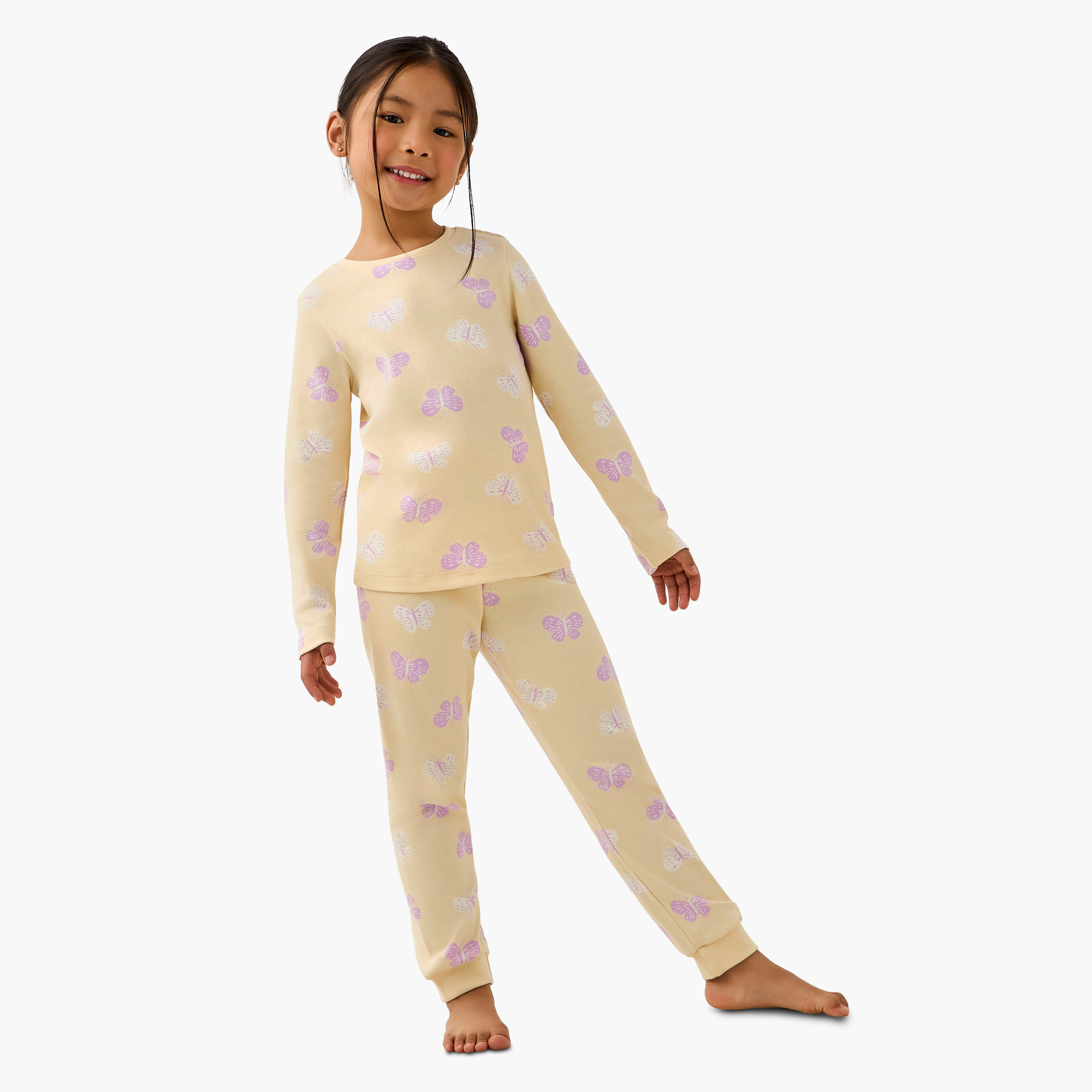 Juniors Cotton Crew Neck Long Sleeves Pyjama Set with Butterfly Print-baby-girls-clothing-winterwear-pyjamasets-image-1