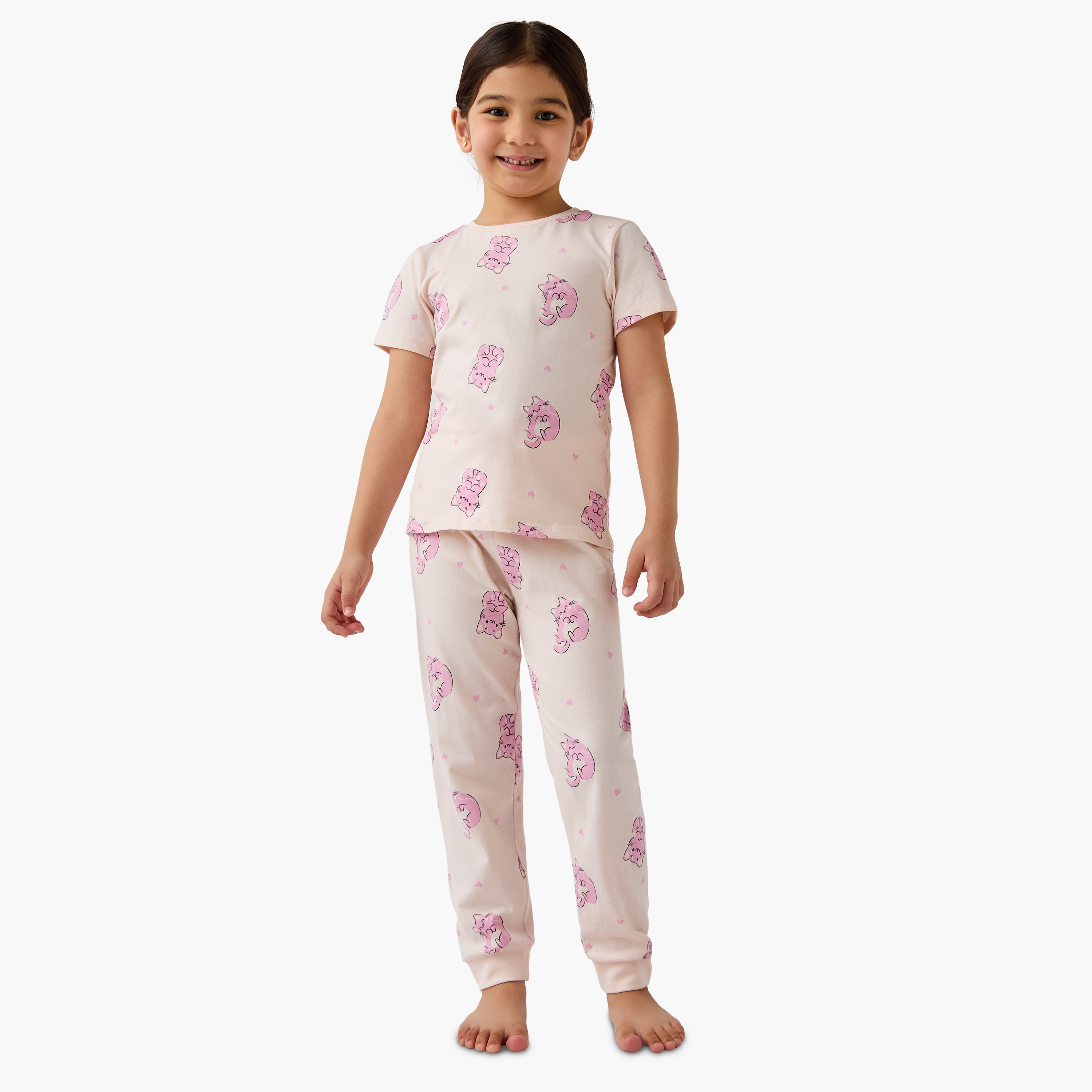 Juniors Cat Print T-shirt and Pyjama Set-baby-girls-clothing-nightwear-pyjamasets-image-1