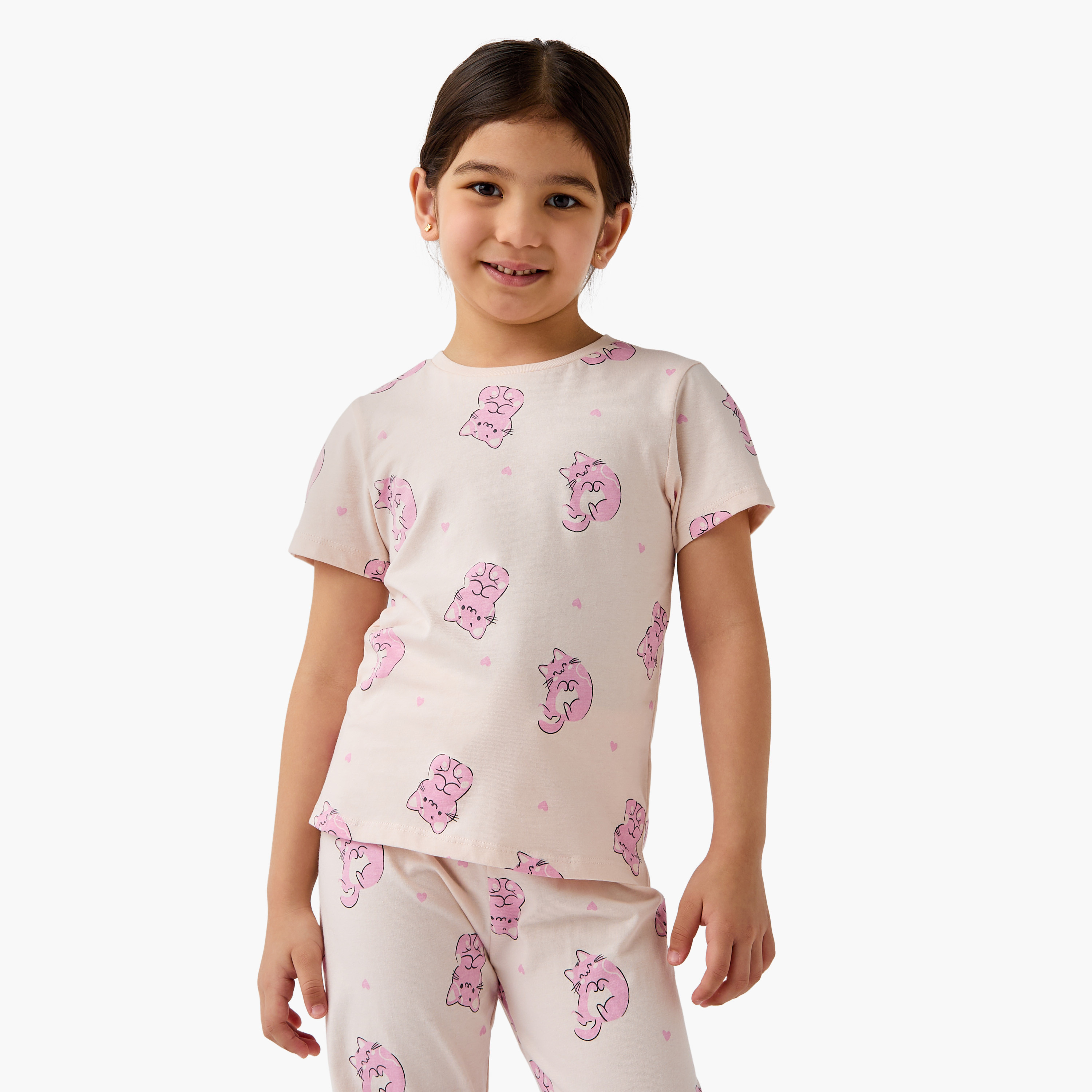 Juniors Cat Print T-shirt and Pyjama Set-baby-girls-clothing-nightwear-pyjamasets-image-2