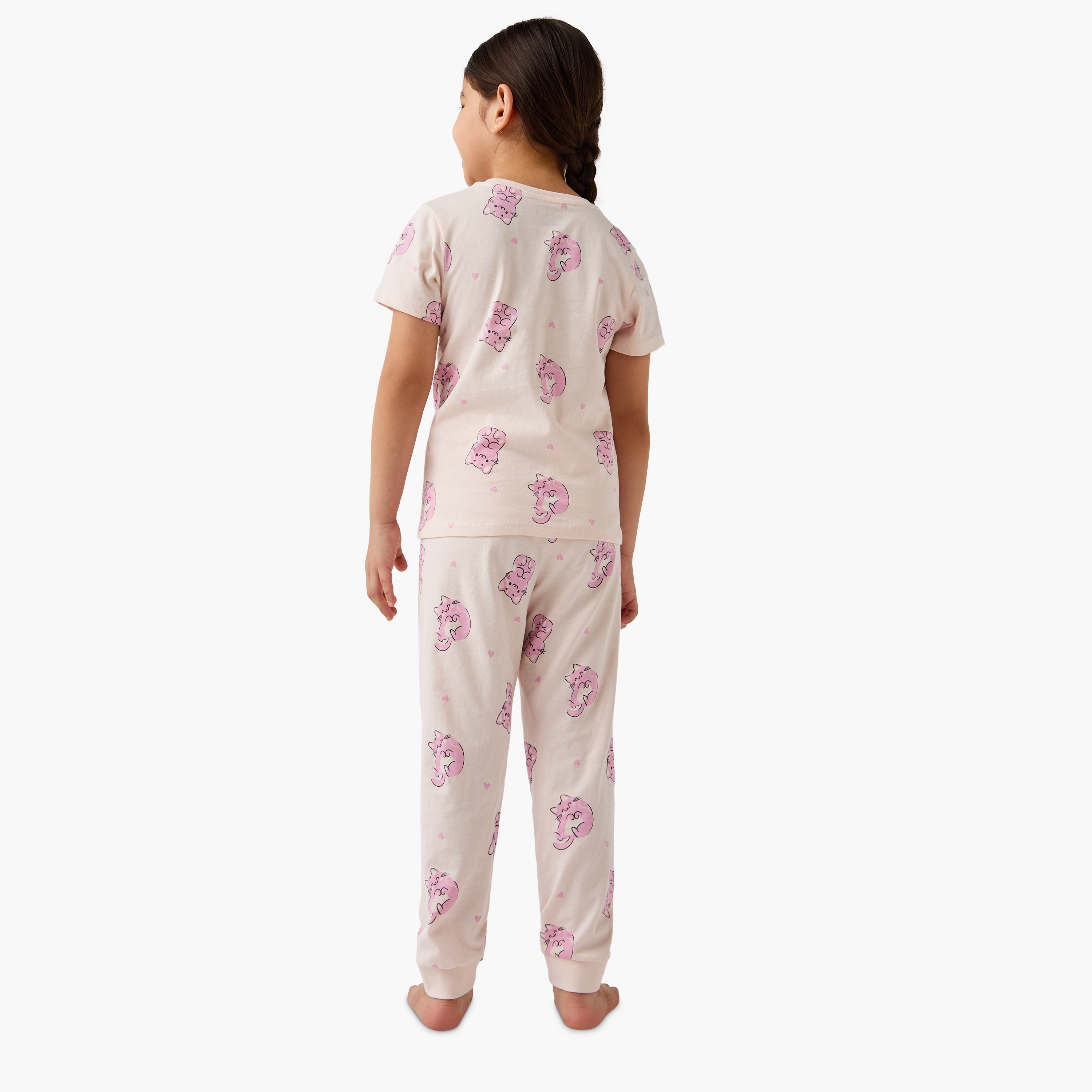 Juniors Cat Print T-shirt and Pyjama Set-baby-girls-clothing-nightwear-pyjamasets-image-4