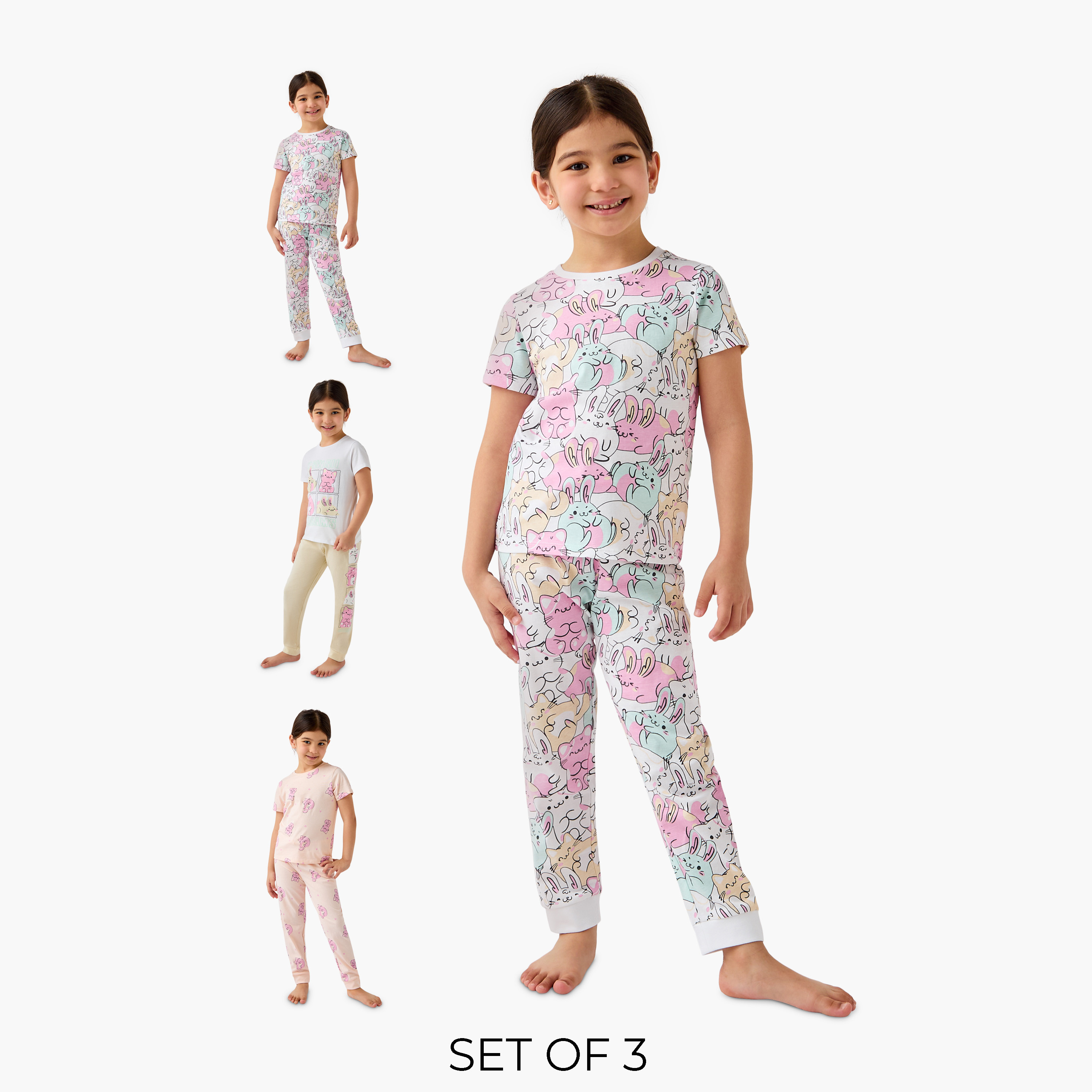 Juniors Printed T-shirts and Pyjamas - Set of 3-baby-girls-clothing-nightwear-pyjamasets-image-1