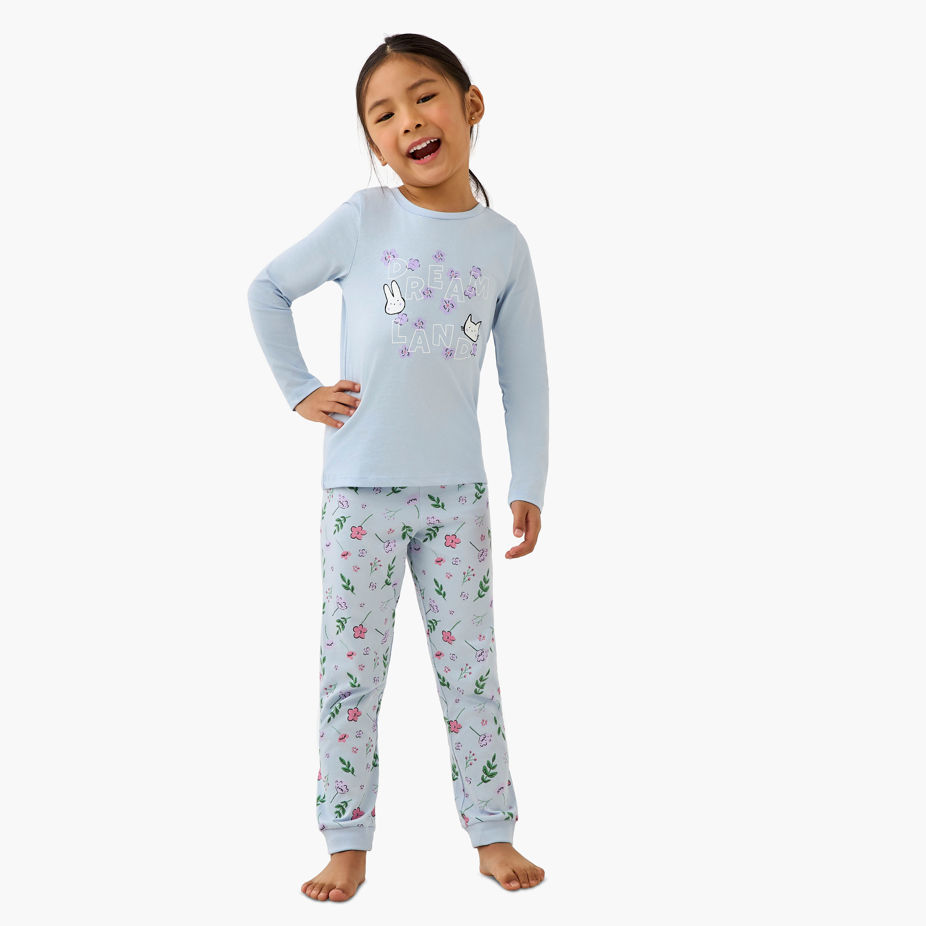 Juniors Cotton Crew Neck Long Sleeve Pyjama Set with Floral Print-girls-clothing-nightwear-image-1