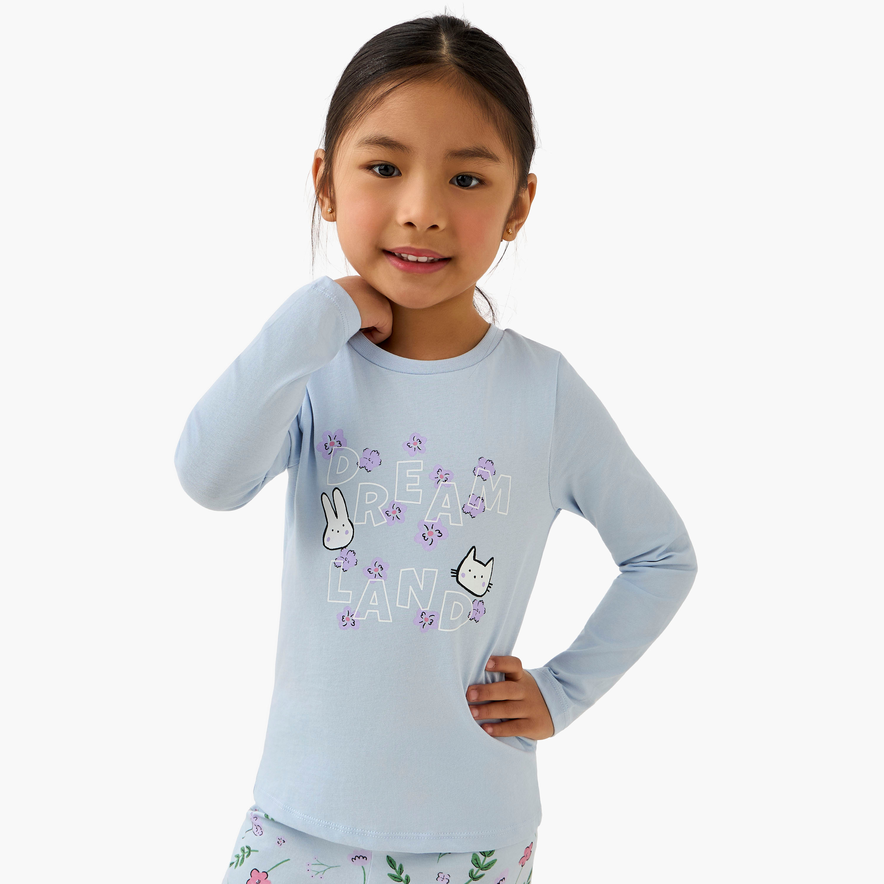 Juniors Cotton Crew Neck Long Sleeve Pyjama Set with Floral Print-girls-clothing-nightwear-image-2