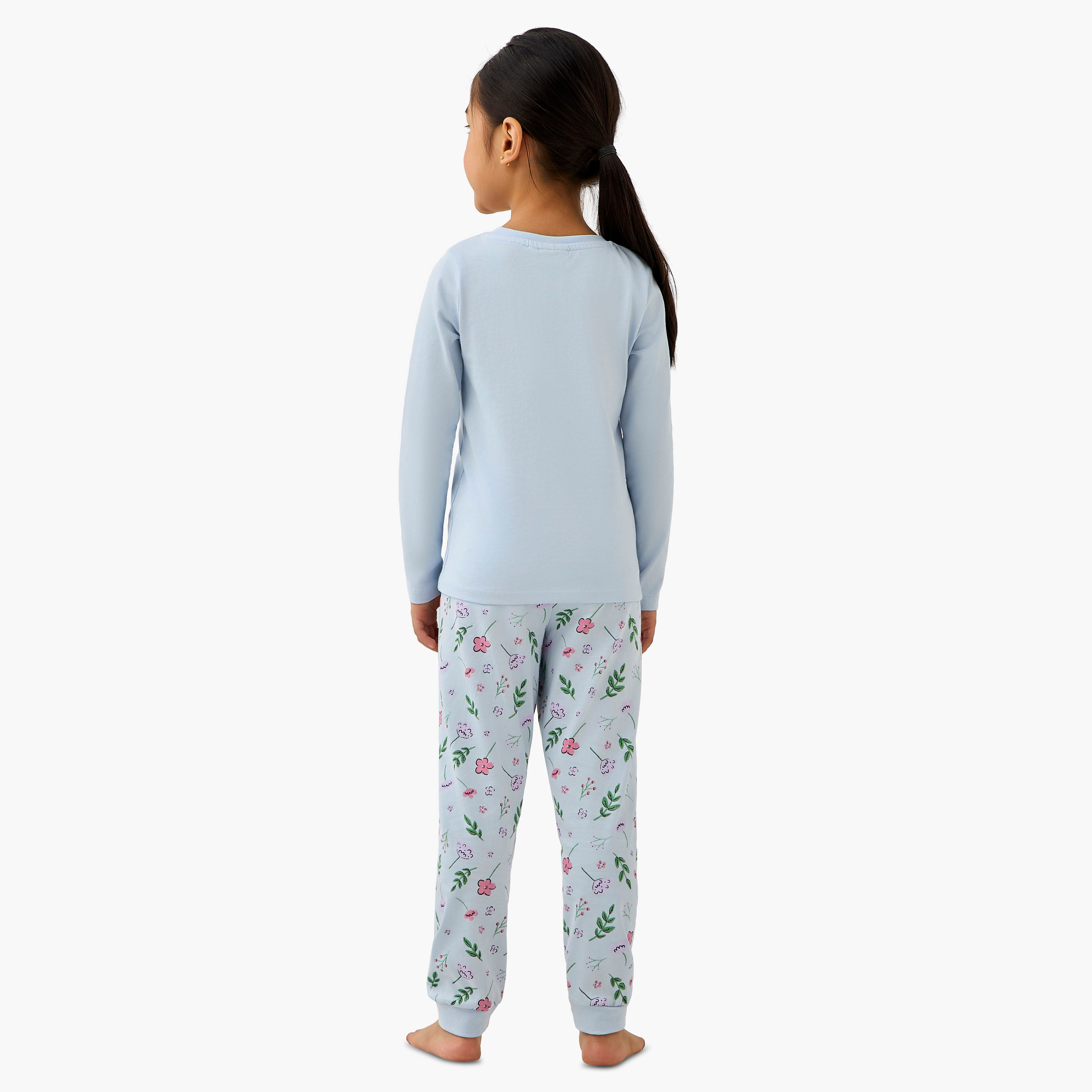 Juniors Cotton Crew Neck Long Sleeve Pyjama Set with Floral Print-girls-clothing-nightwear-image-3