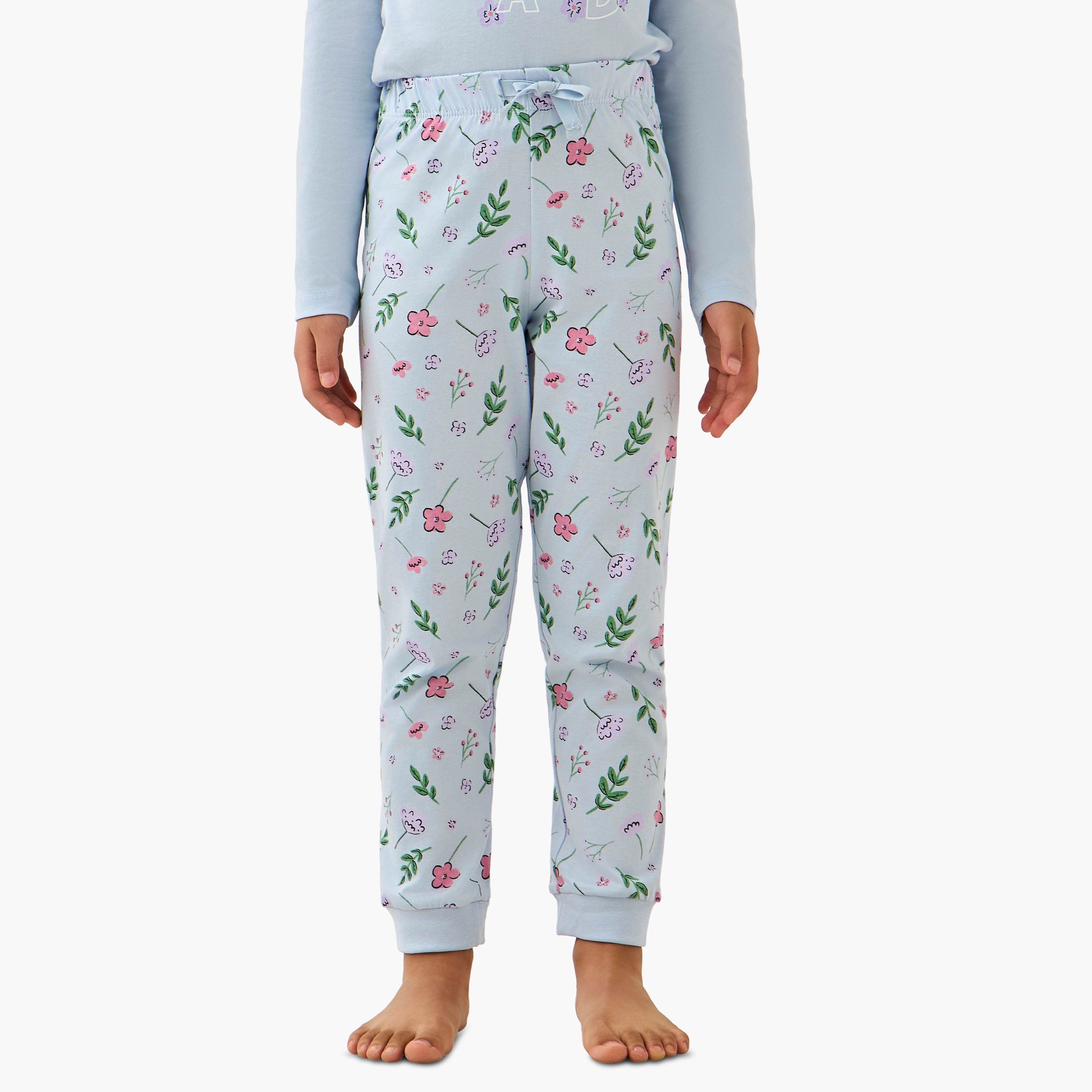 Juniors Cotton Crew Neck Long Sleeve Pyjama Set with Floral Print-girls-clothing-nightwear-image-4