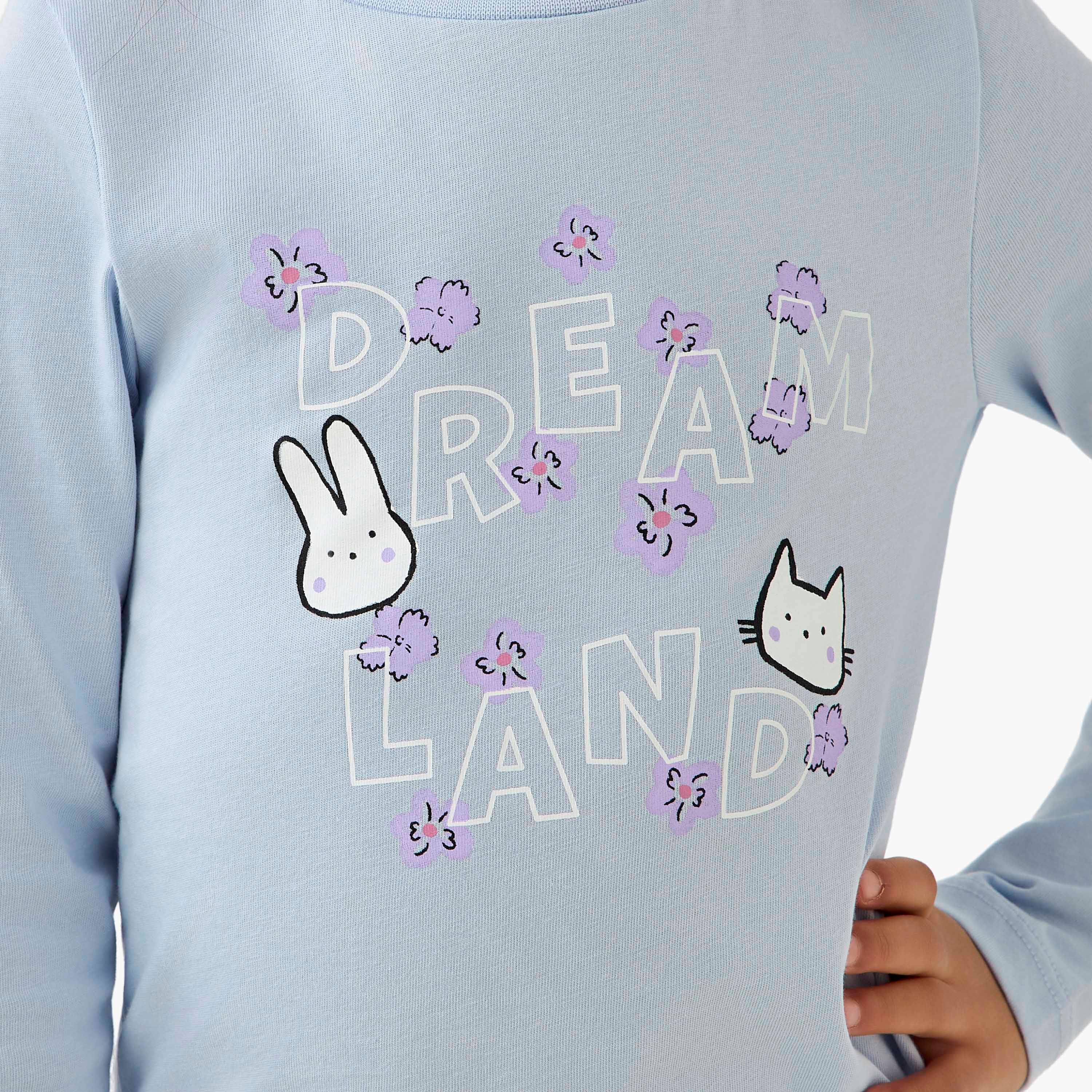 Juniors Cotton Crew Neck Long Sleeve Pyjama Set with Floral Print-girls-clothing-nightwear-image-5