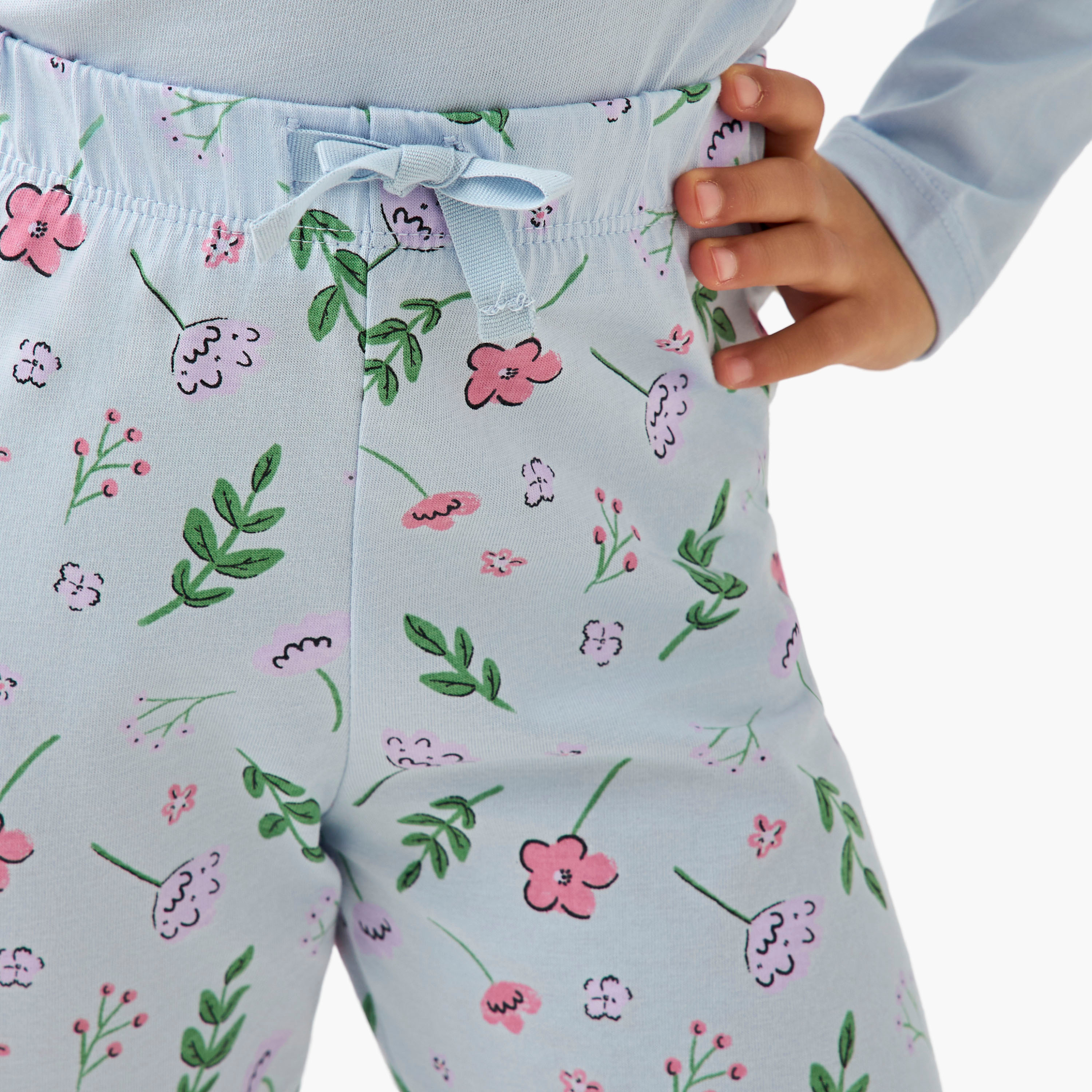 Juniors Cotton Crew Neck Long Sleeve Pyjama Set with Floral Print-girls-clothing-nightwear-image-6