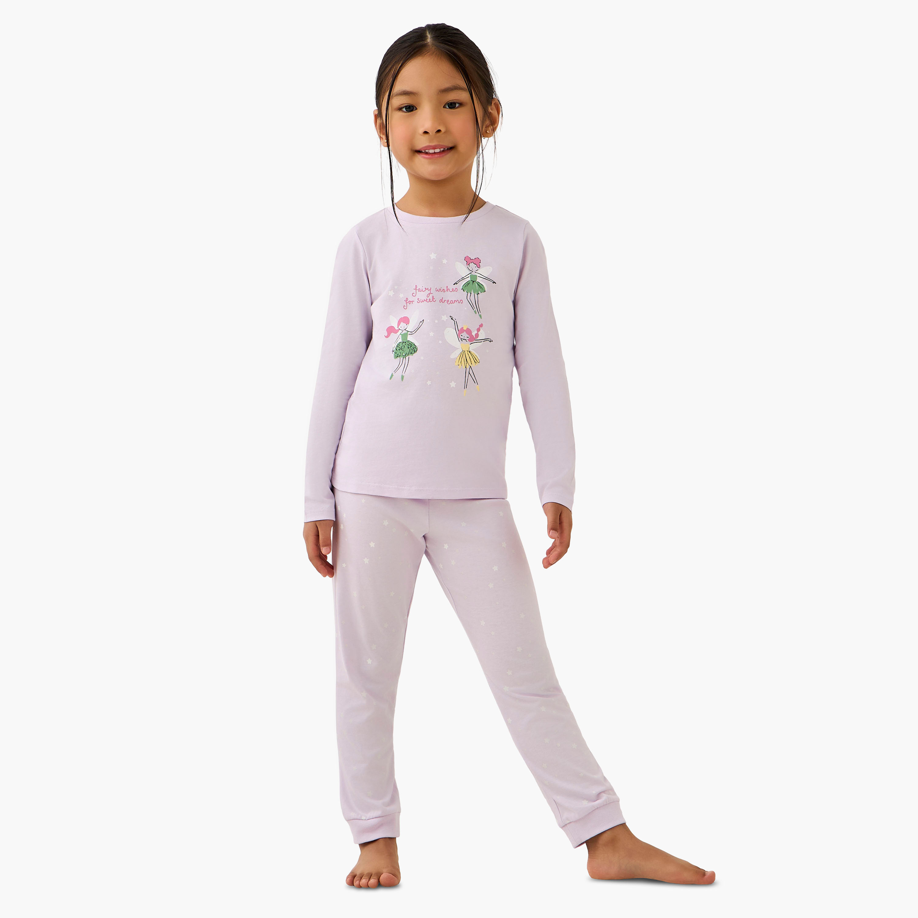 Juniors Cotton Crew Neck Long Sleeves Pyjama Set with Fairy Print-girls-clothing-nightwear-image-1