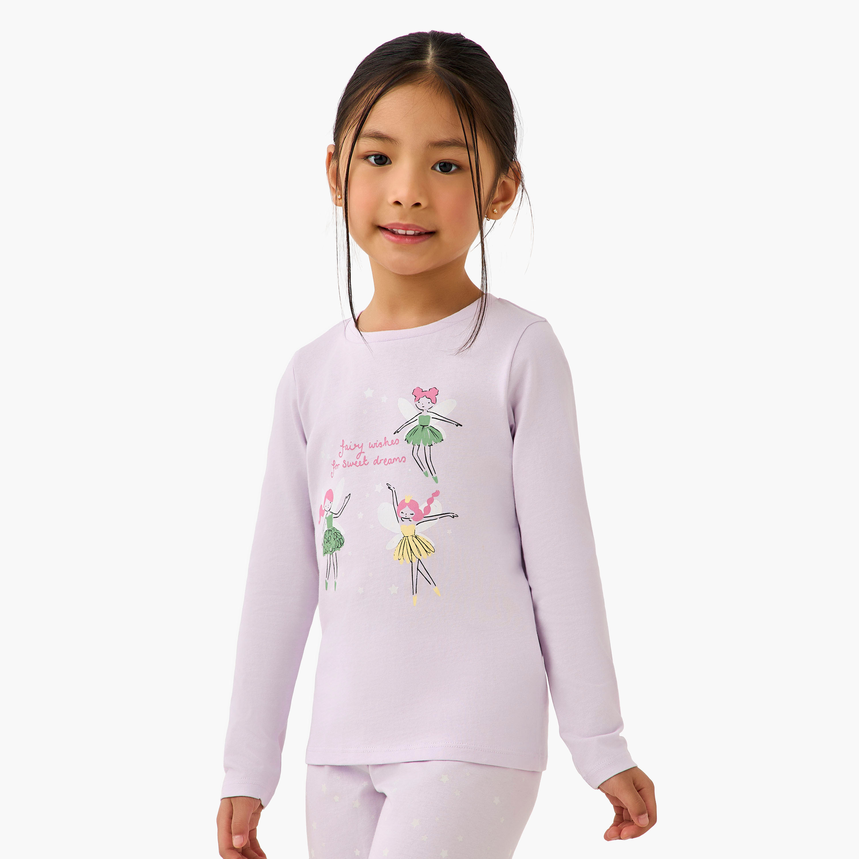 Juniors Cotton Crew Neck Long Sleeves Pyjama Set with Fairy Print-girls-clothing-nightwear-image-2