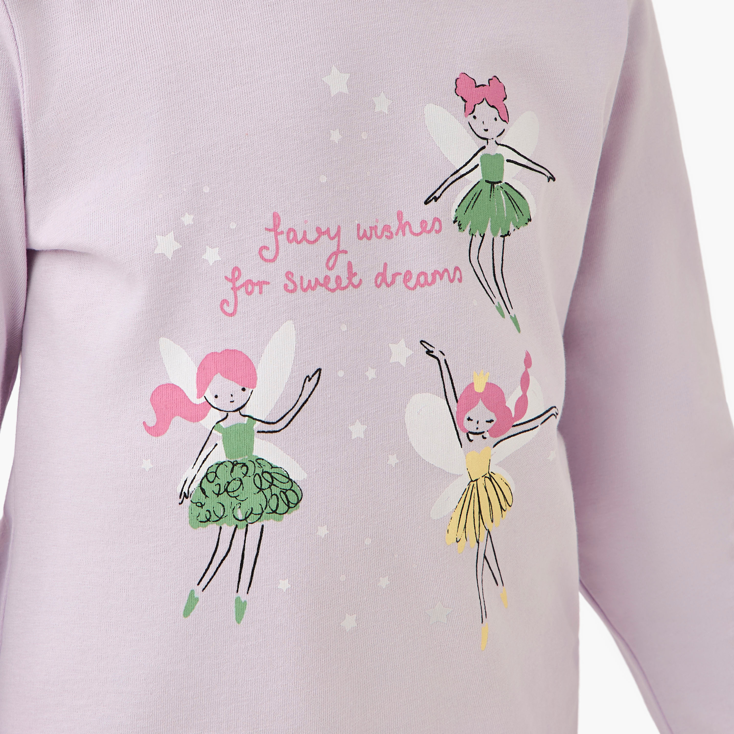 Juniors Cotton Crew Neck Long Sleeves Pyjama Set with Fairy Print-girls-clothing-nightwear-image-5