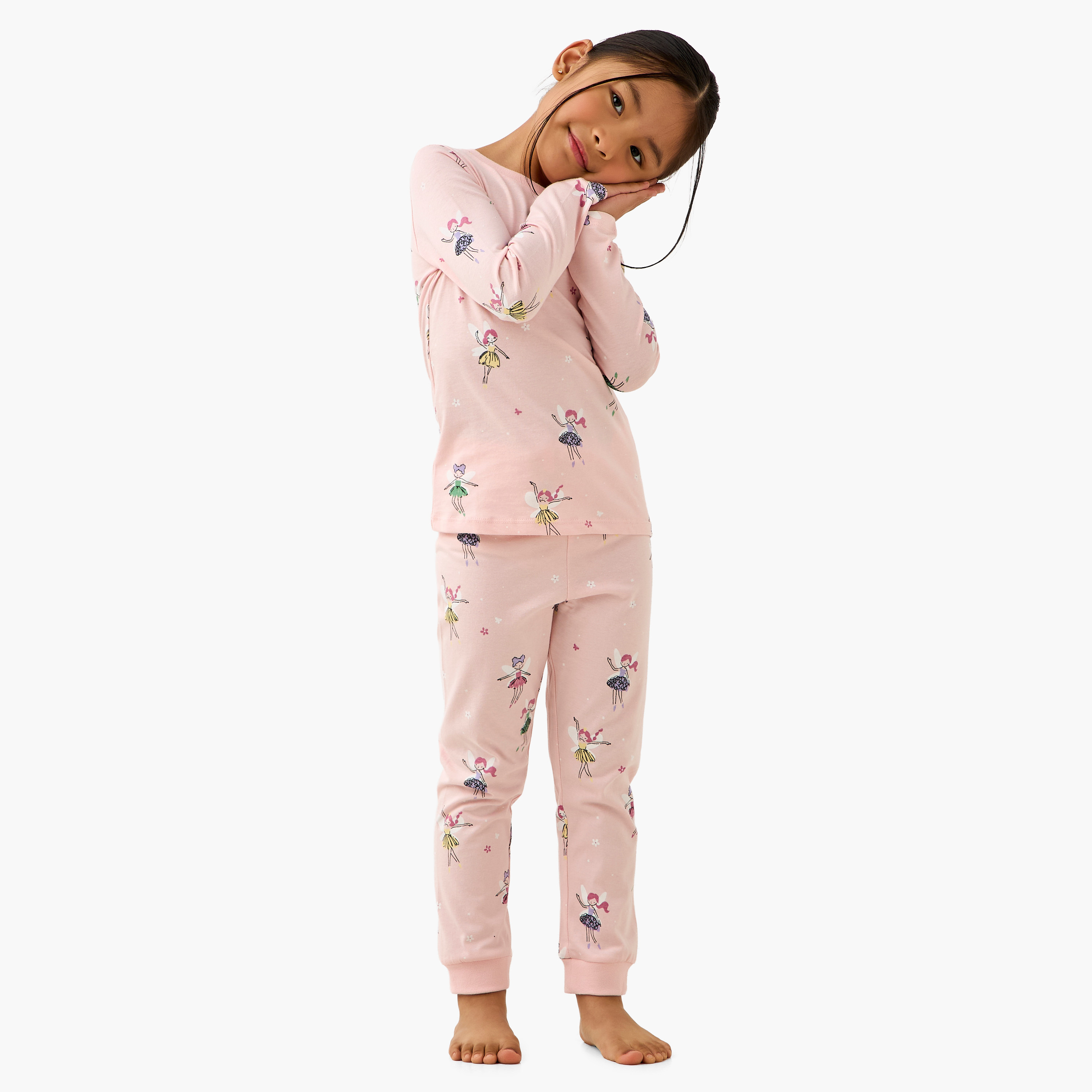 Juniors Cotton Round Neck Long Sleeves Pyjama Set with Fairy Print-girls-clothing-nightwear-image-1