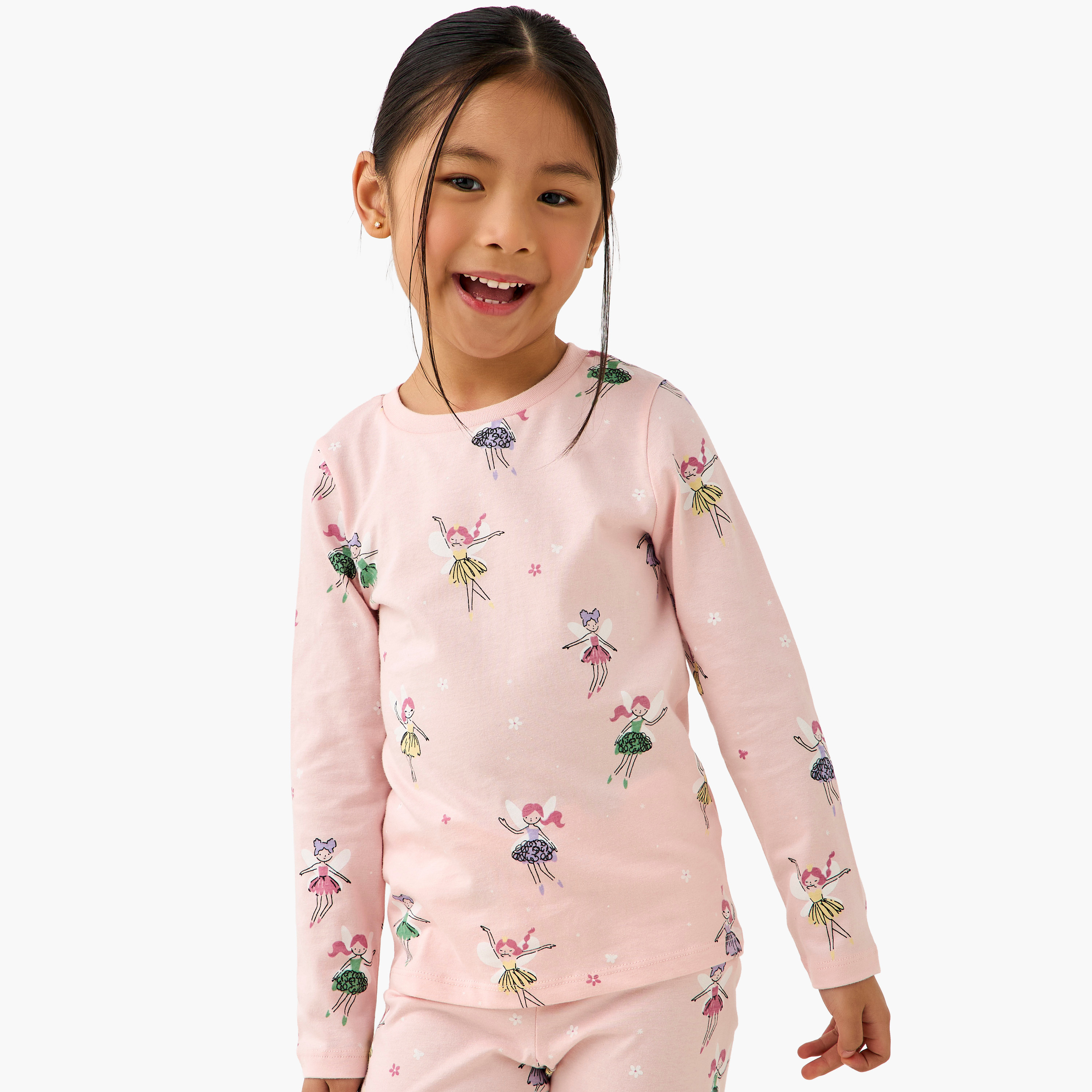 Juniors Cotton Round Neck Long Sleeves Pyjama Set with Fairy Print-girls-clothing-nightwear-image-2