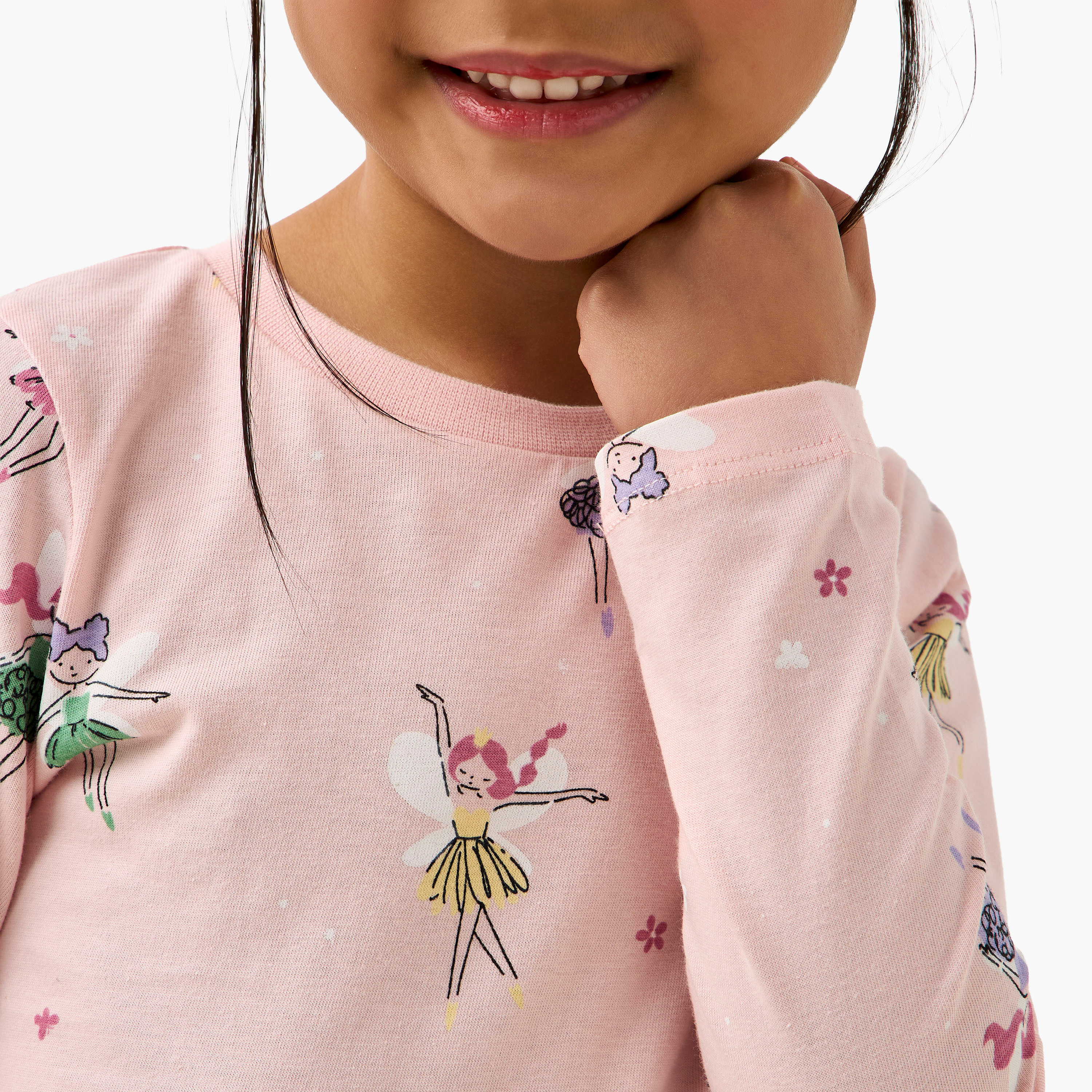 Juniors Cotton Round Neck Long Sleeves Pyjama Set with Fairy Print-girls-clothing-nightwear-image-5