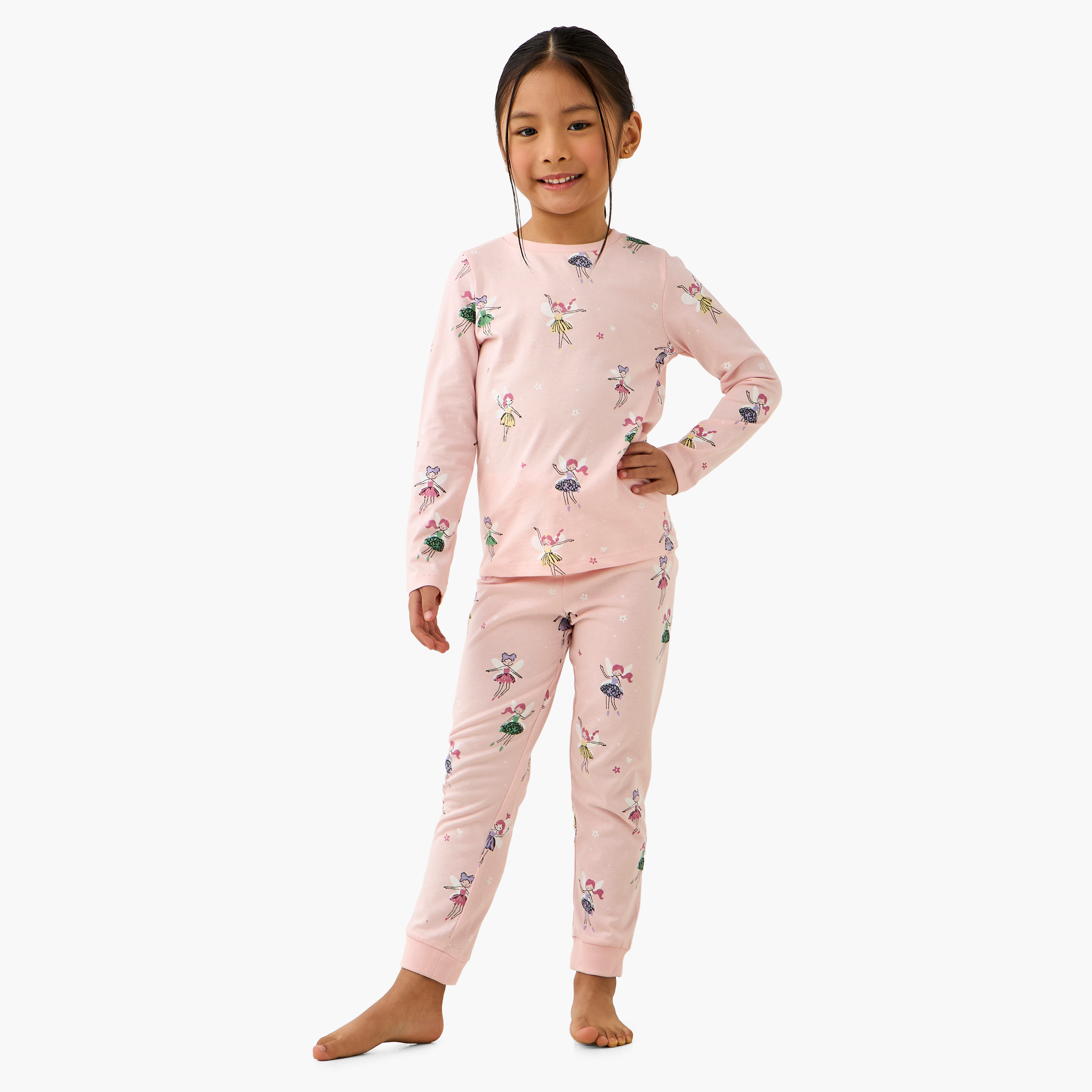 Juniors Cotton Round Neck Long Sleeves Pyjama Set with Fairy Print-girls-clothing-nightwear-image-7