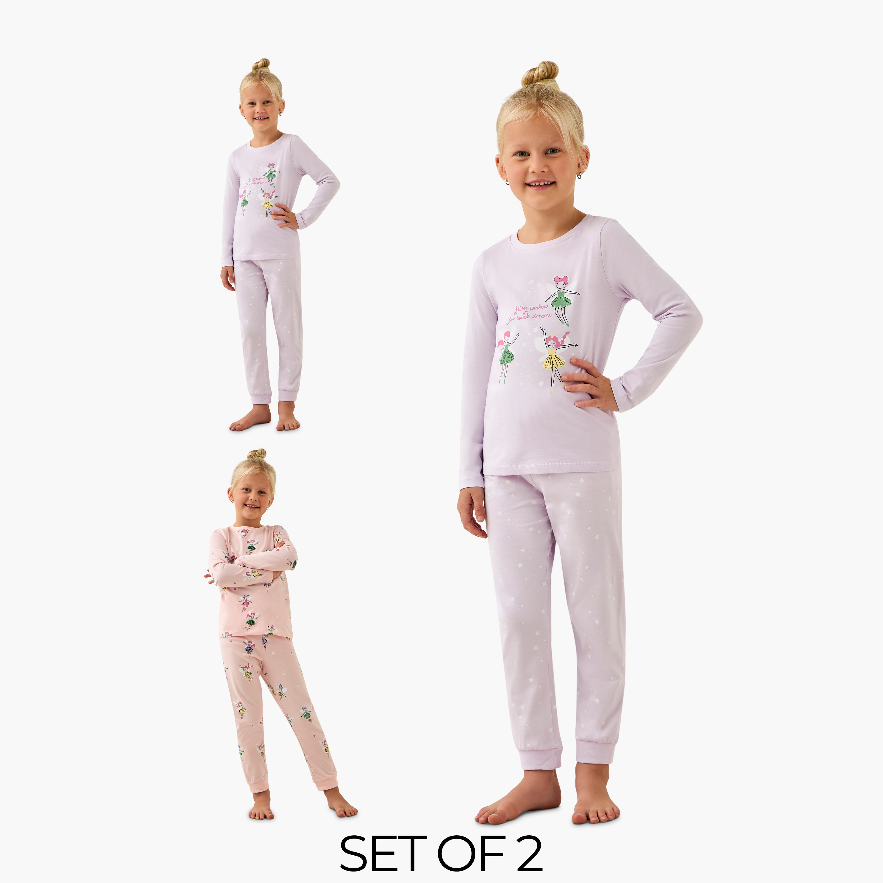 طقم بنطلون بيجاما وتيشيرت قطن بأكمام طويلة وياقة ضيقة وطبعات من جونيورز - مجموعة من قطعتين-baby-girls-clothing-nightwear-pyjamasets-image-8