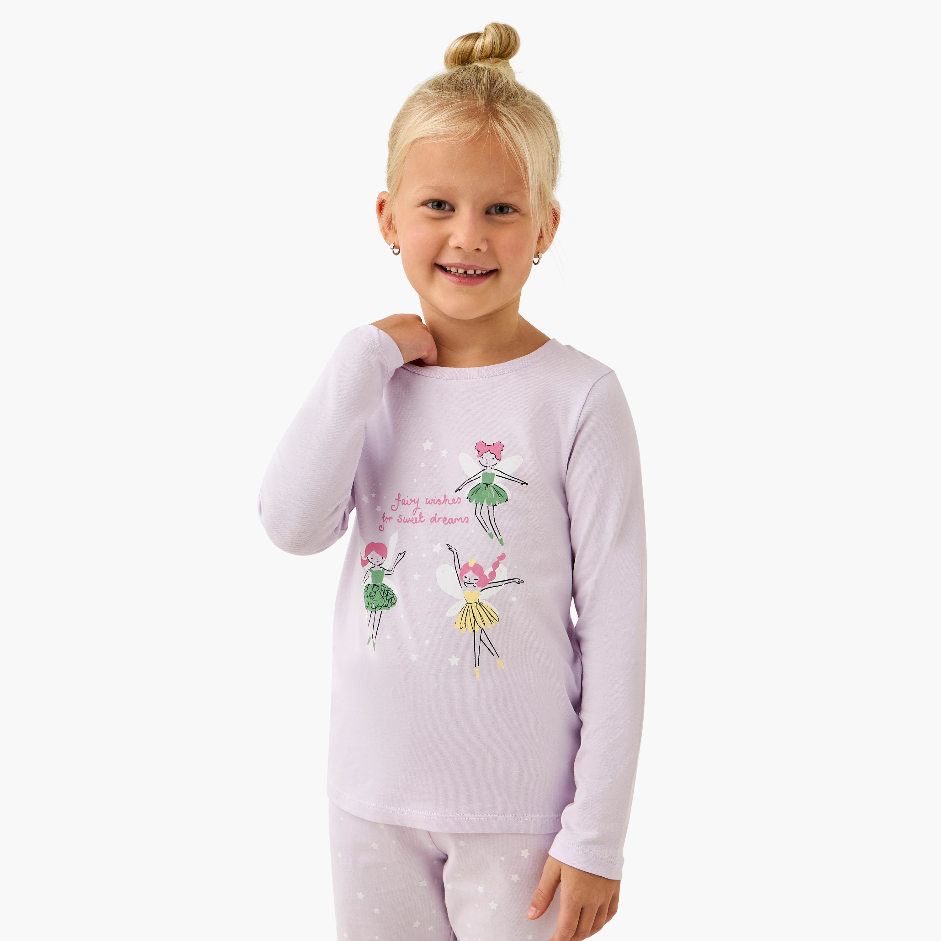 طقم بنطلون بيجاما وتيشيرت قطن بأكمام طويلة وياقة ضيقة وطبعات من جونيورز - مجموعة من قطعتين-baby-girls-clothing-nightwear-pyjamasets-image-6