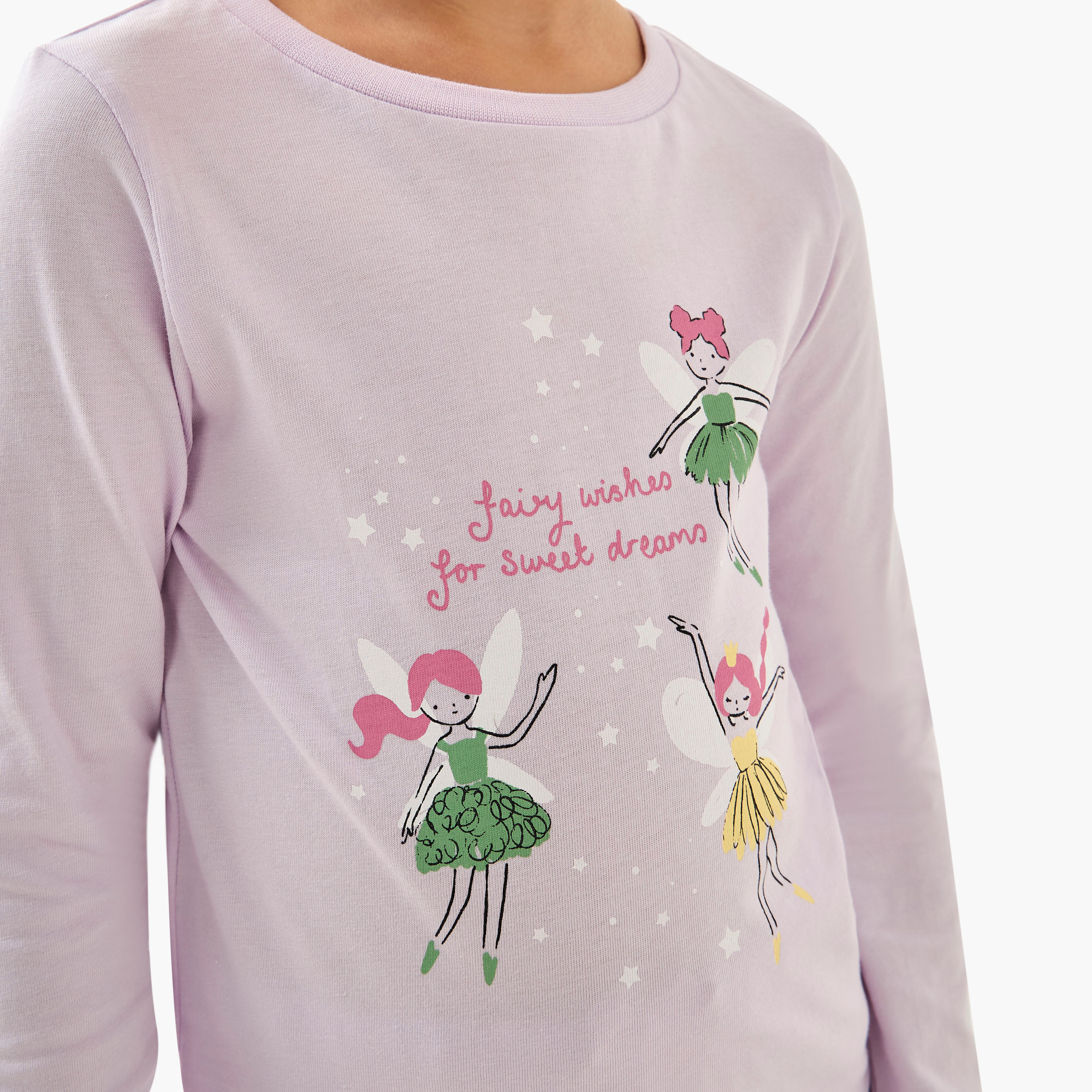 طقم بنطلون بيجاما وتيشيرت قطن بأكمام طويلة وياقة ضيقة وطبعات من جونيورز - مجموعة من قطعتين-baby-girls-clothing-nightwear-pyjamasets-image-3