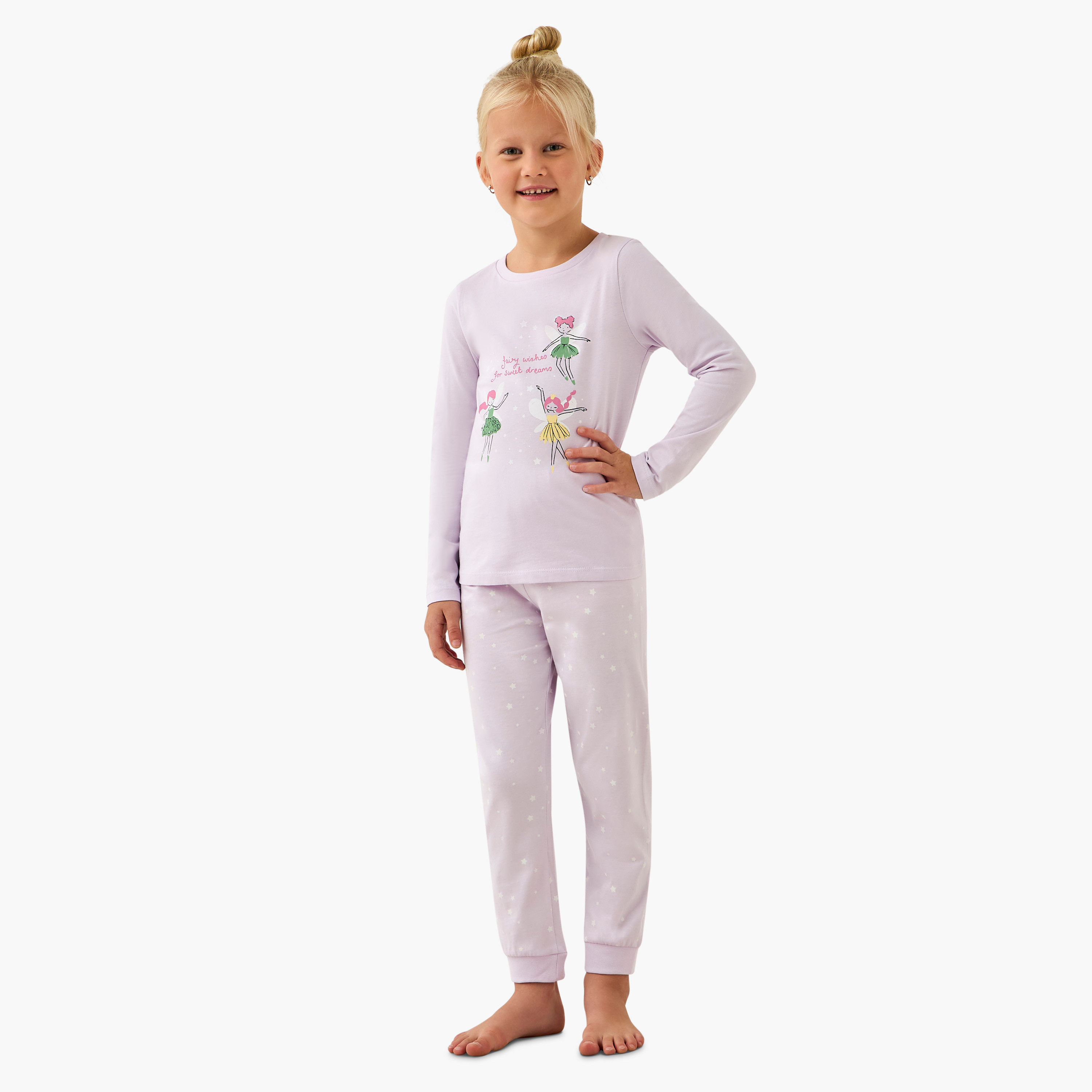 طقم بنطلون بيجاما وتيشيرت قطن بأكمام طويلة وياقة ضيقة وطبعات من جونيورز - مجموعة من قطعتين-baby-girls-clothing-nightwear-pyjamasets-image-1