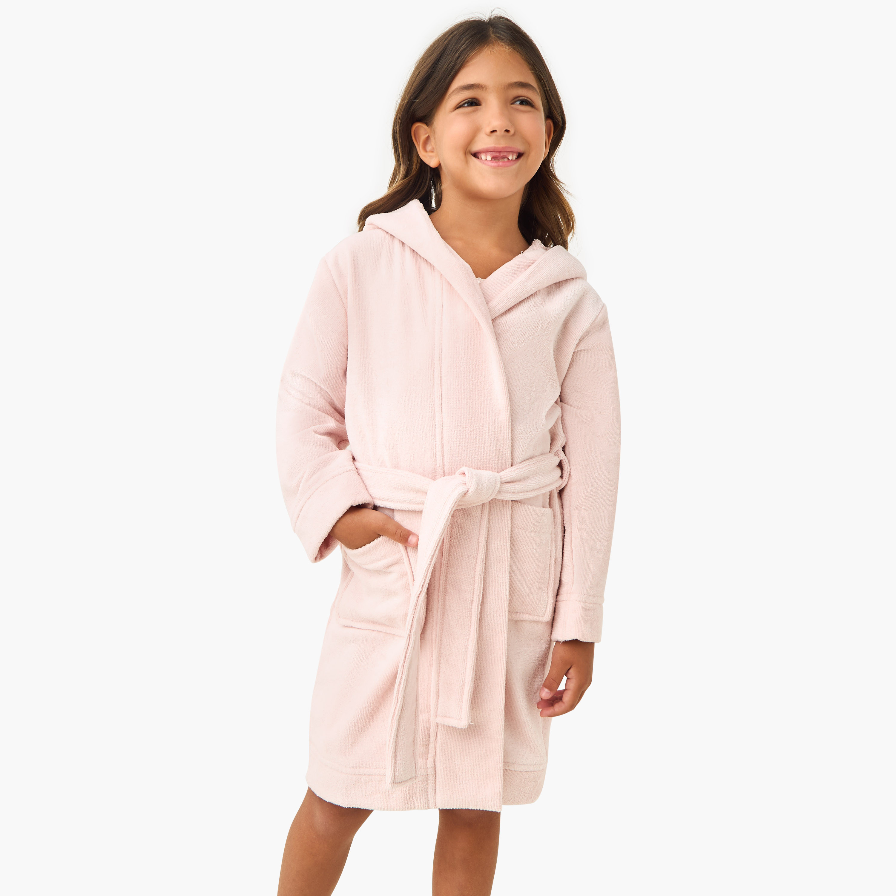 Juniors Textured Hooded Terry Bathrobe with Pockets-girls-clothing-nightwear-image-1