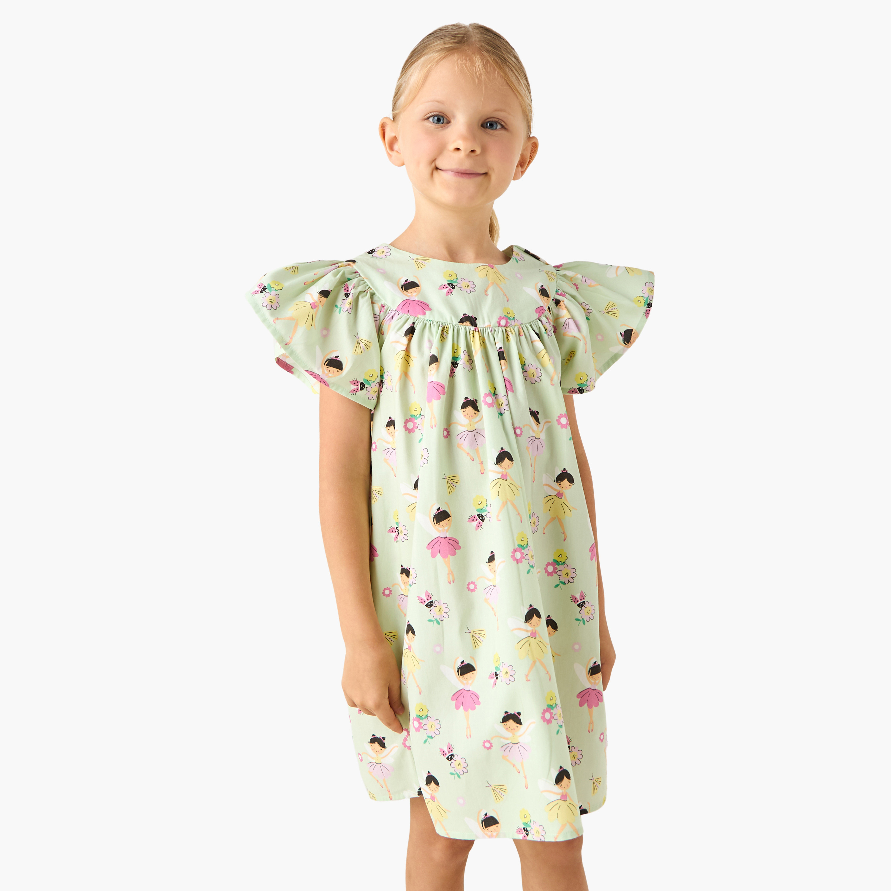 فستان نوم للبنات بطبعات راقصة باليه - قطن - أكمام بكشكش وياقة مستديرة من جونيورز-girls-clothing-nightwear-image-1